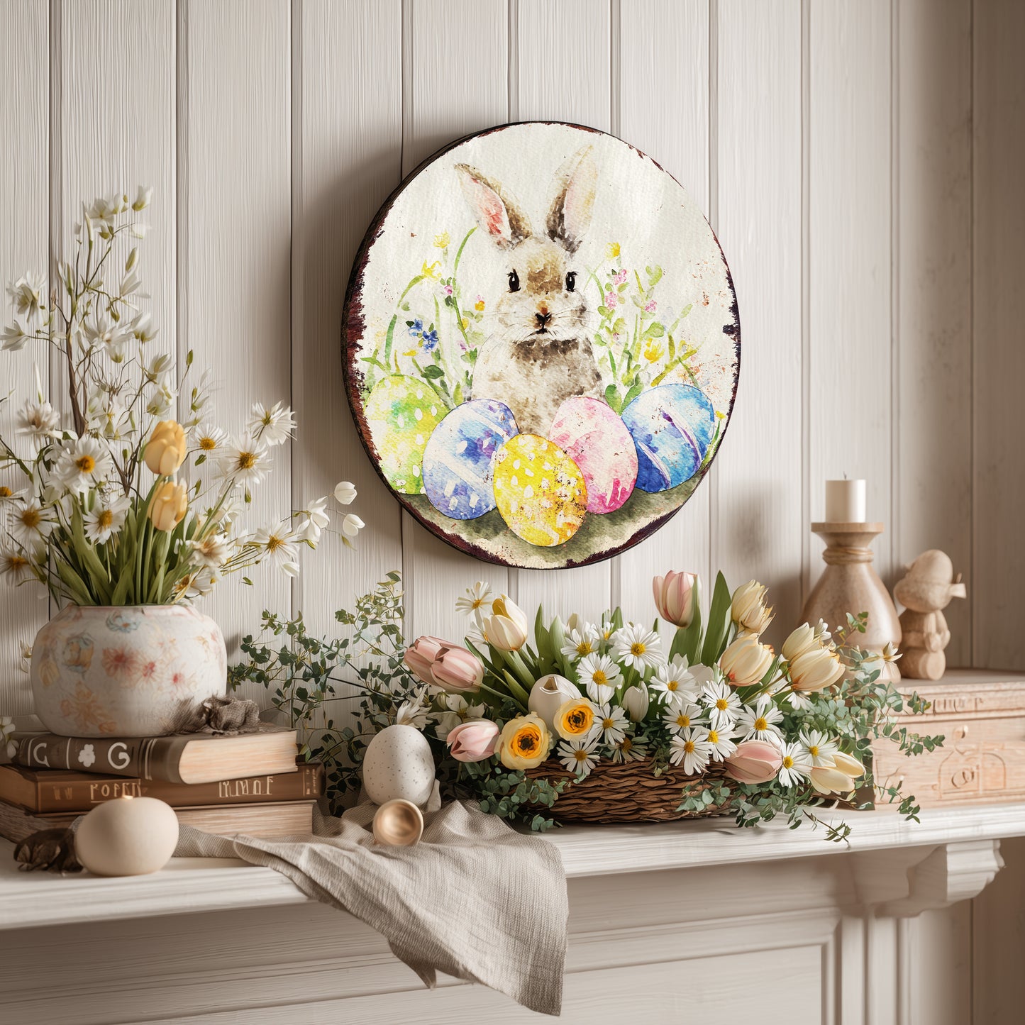 Easter Farmhouse Welcome Sign - Rustic Bunny Spring Porch Decor for Entryway & Door