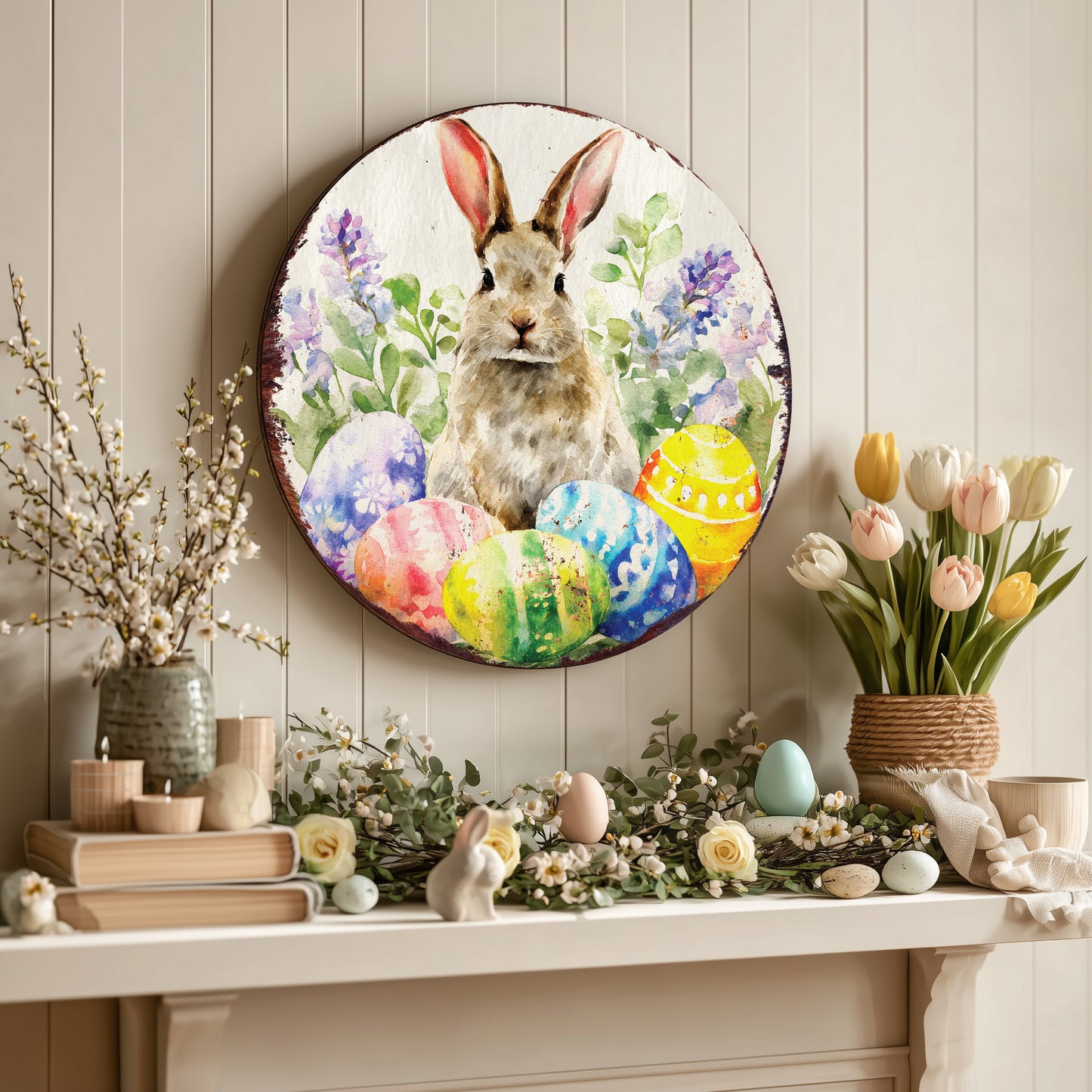 Rustic Easter Farmhouse Welcome Sign - Charming Bunny & Carrots Spring Porch & Door Decor
