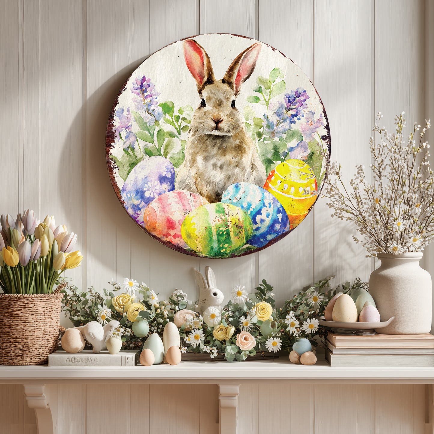 Rustic Easter Farmhouse Welcome Sign - Charming Bunny & Carrots Spring Porch & Door Decor