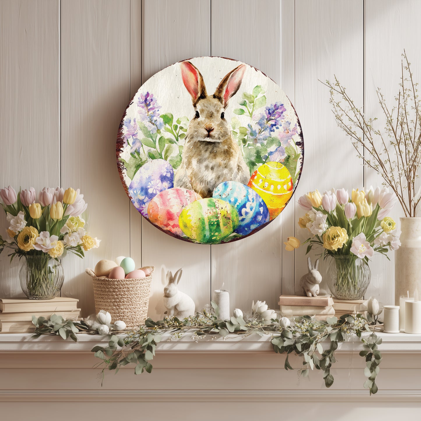 Rustic Easter Farmhouse Welcome Sign - Charming Bunny & Carrots Spring Porch & Door Decor