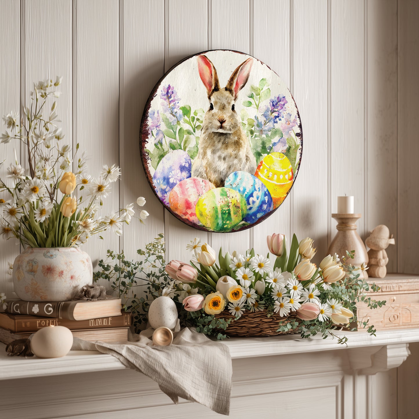 Rustic Easter Farmhouse Welcome Sign - Charming Bunny & Carrots Spring Porch & Door Decor