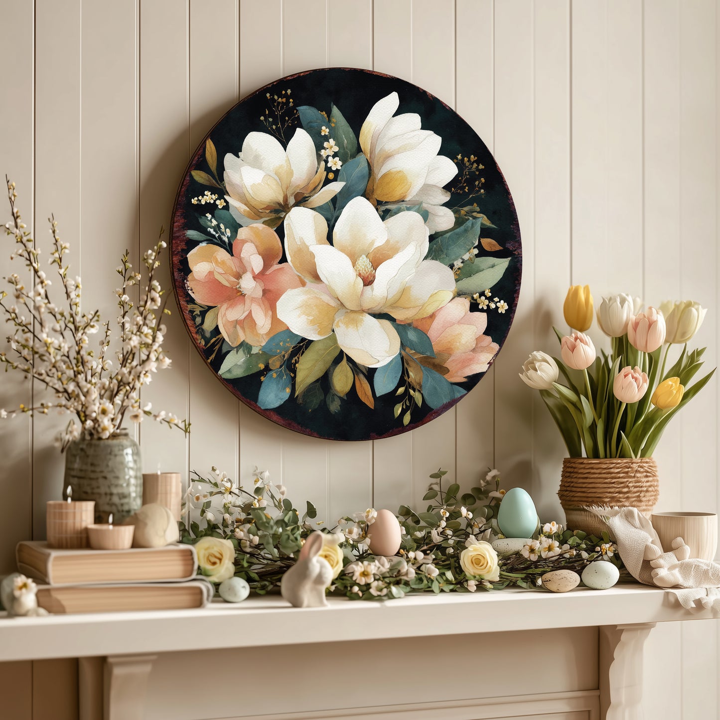 Spring Farmhouse Welcome Sign - Rustic Magnolia Floral Door & Porch Decor