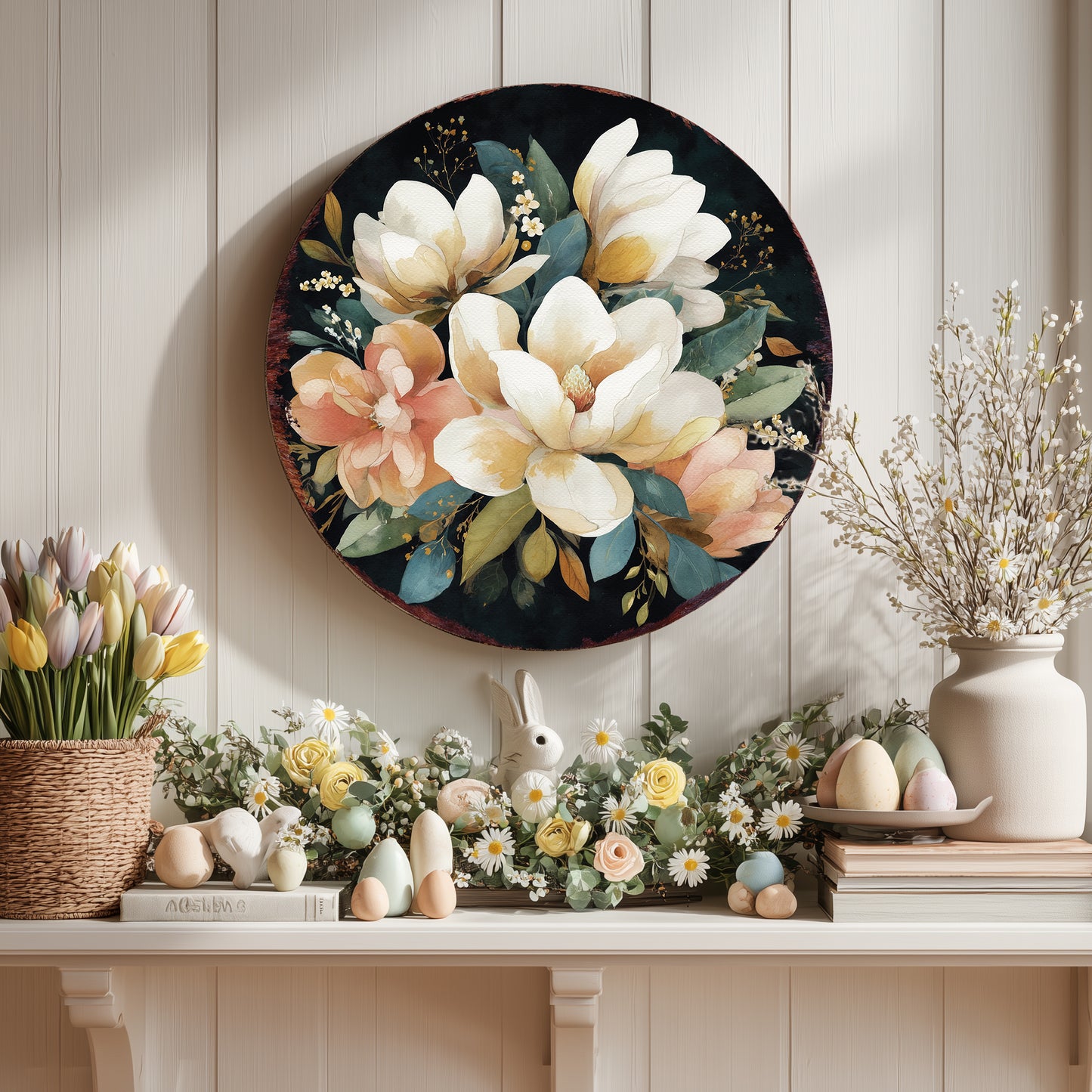 Spring Farmhouse Welcome Sign - Rustic Magnolia Floral Door & Porch Decor