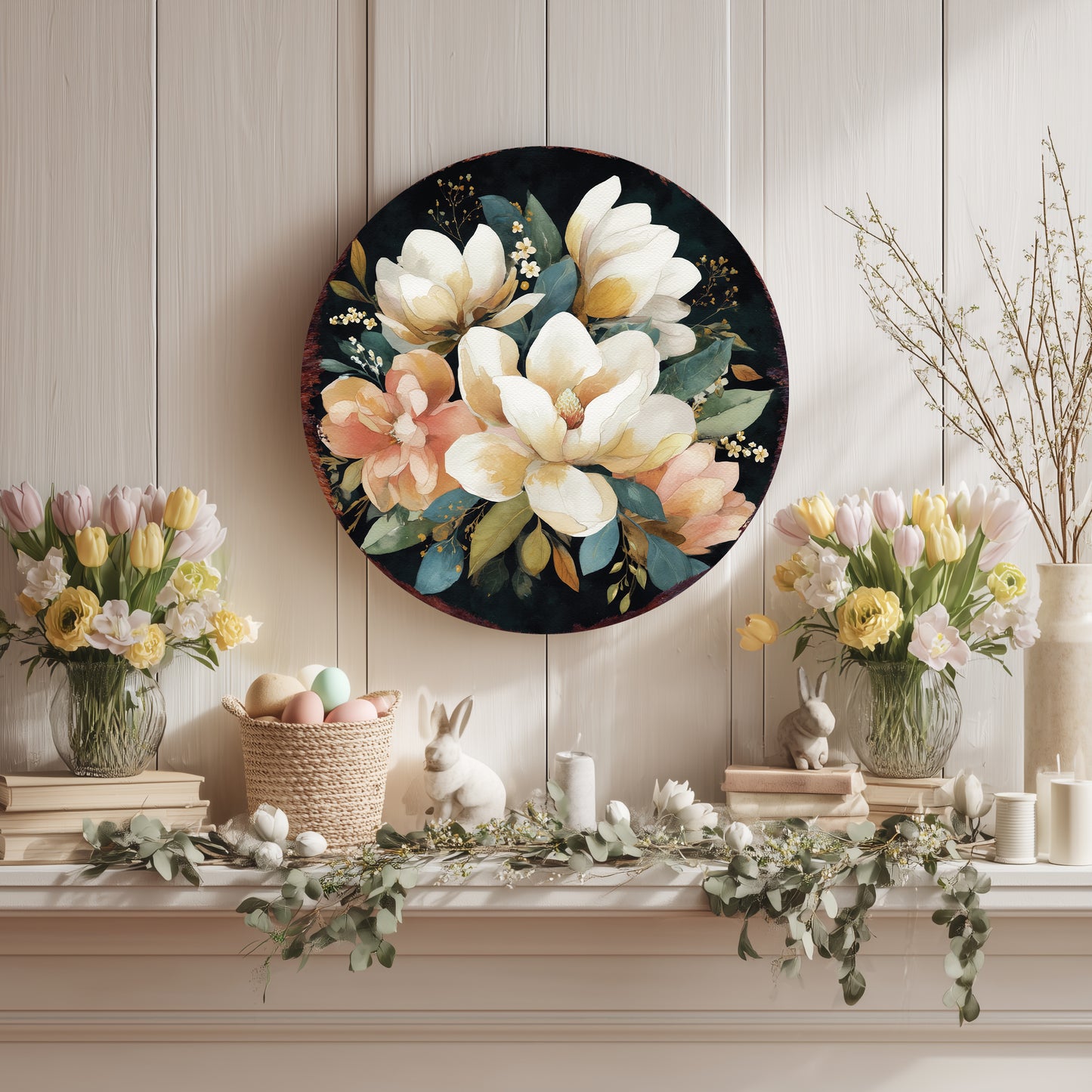 Spring Farmhouse Welcome Sign - Rustic Magnolia Floral Door & Porch Decor