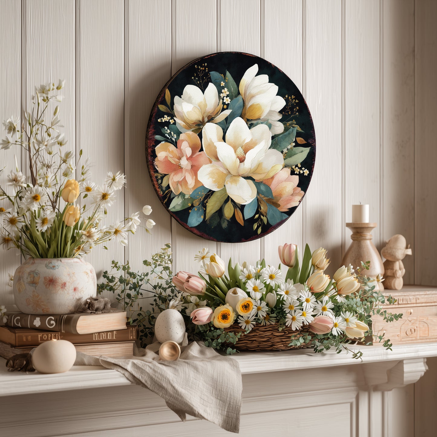 Spring Farmhouse Welcome Sign - Rustic Magnolia Floral Door & Porch Decor