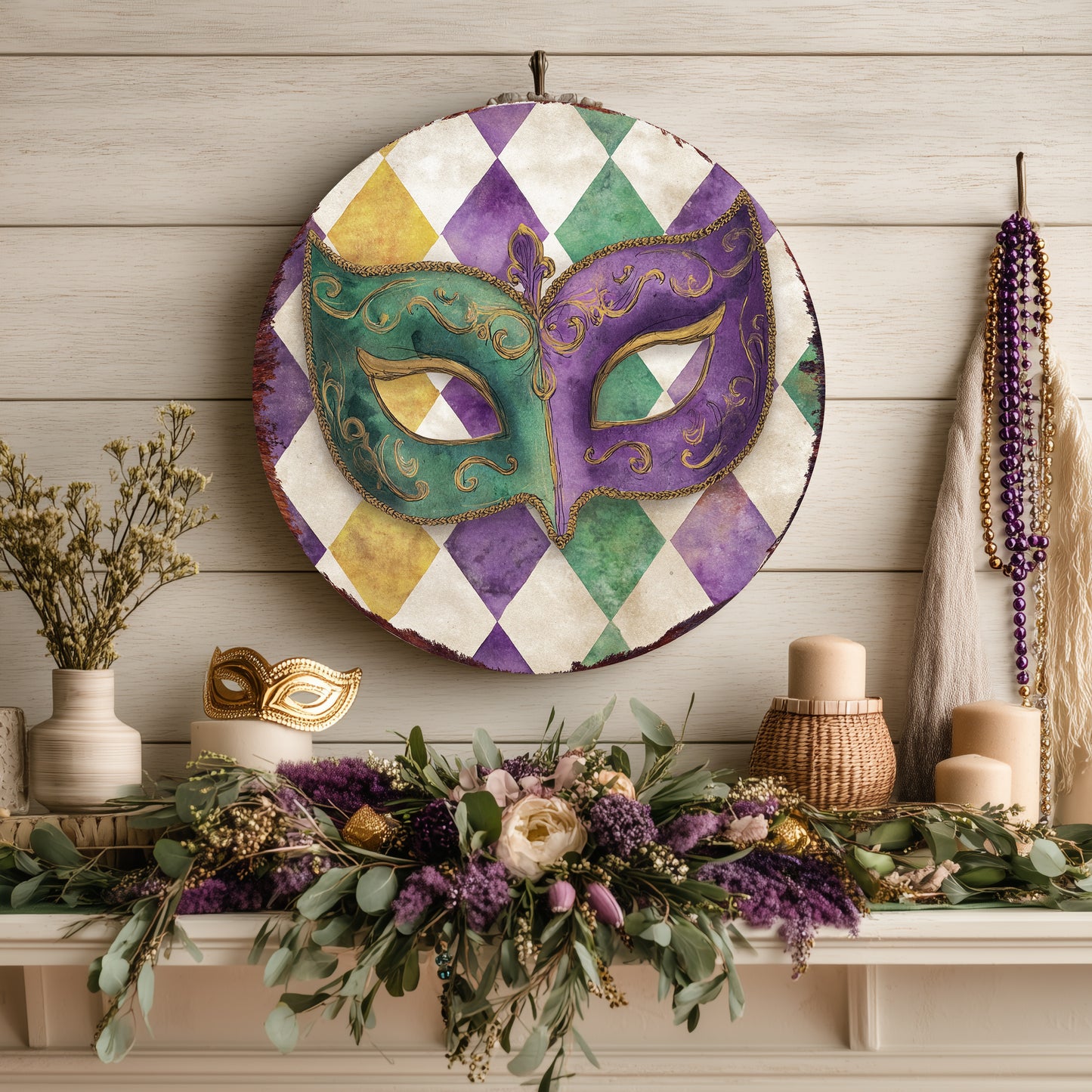 Mardi Gras Wall Sign - Festive Jester Mask & Fleur de Lis Art for Covered Porch Entryway