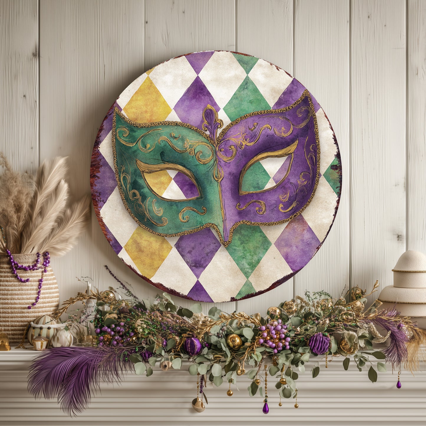 Mardi Gras Wall Sign - Festive Jester Mask & Fleur de Lis Art for Covered Porch Entryway