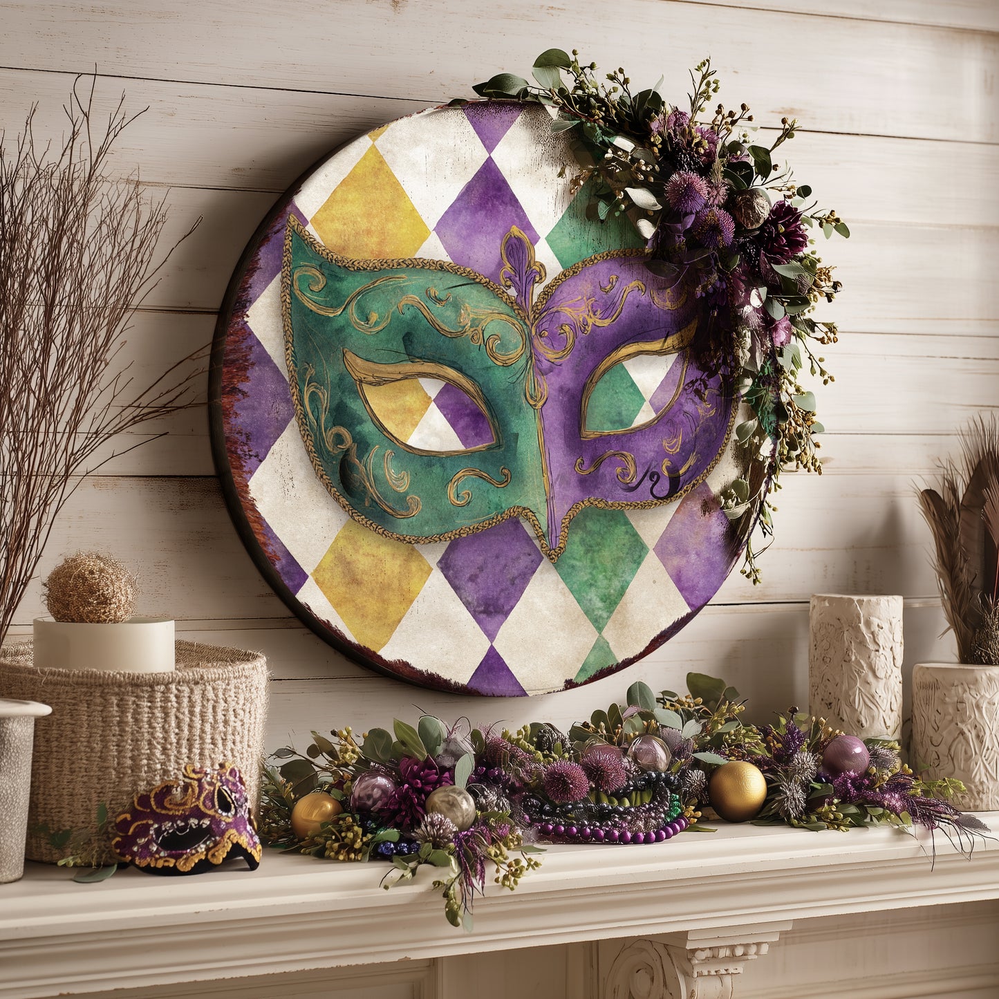 Mardi Gras Wall Sign - Festive Jester Mask & Fleur de Lis Art for Covered Porch Entryway