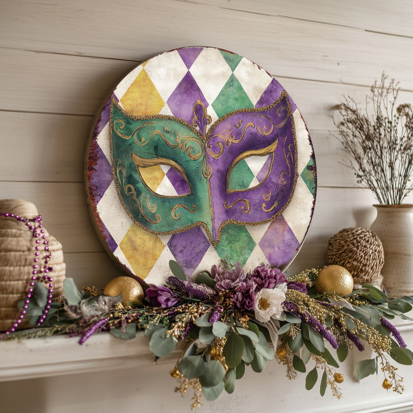 Mardi Gras Wall Sign - Festive Jester Mask & Fleur de Lis Art for Covered Porch Entryway