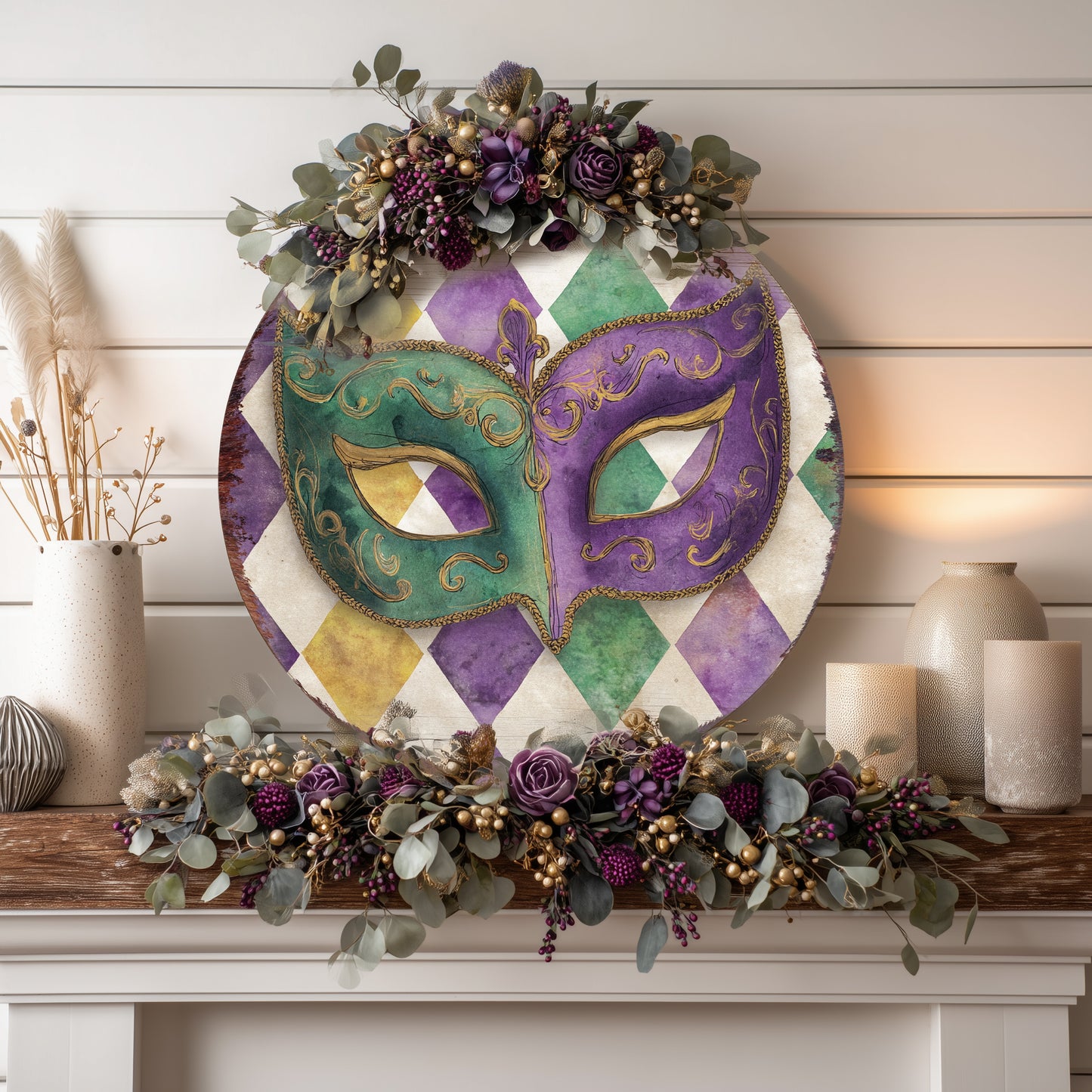 Mardi Gras Wall Sign - Festive Jester Mask & Fleur de Lis Art for Covered Porch Entryway