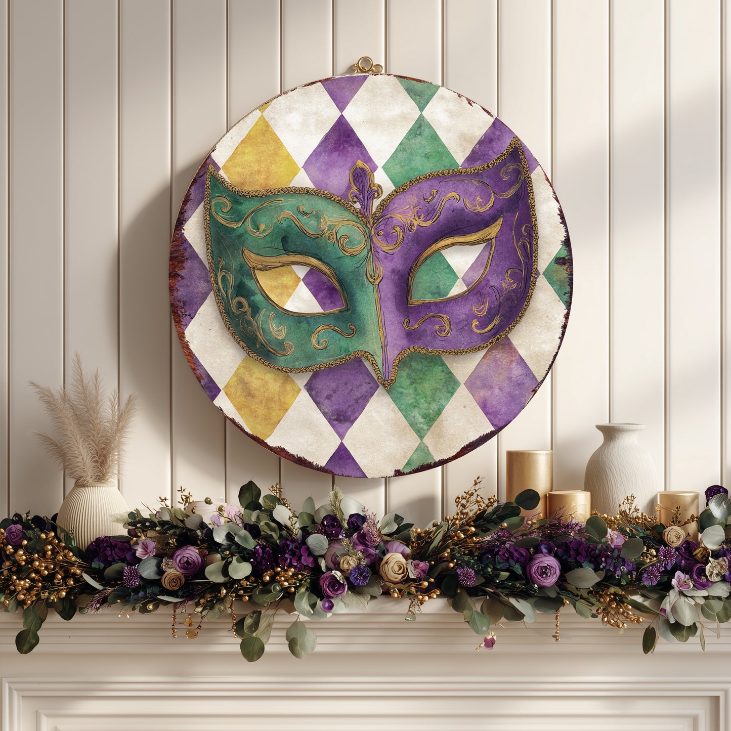 Mardi Gras Wall Sign - Festive Jester Mask & Fleur de Lis Art for Covered Porch Entryway