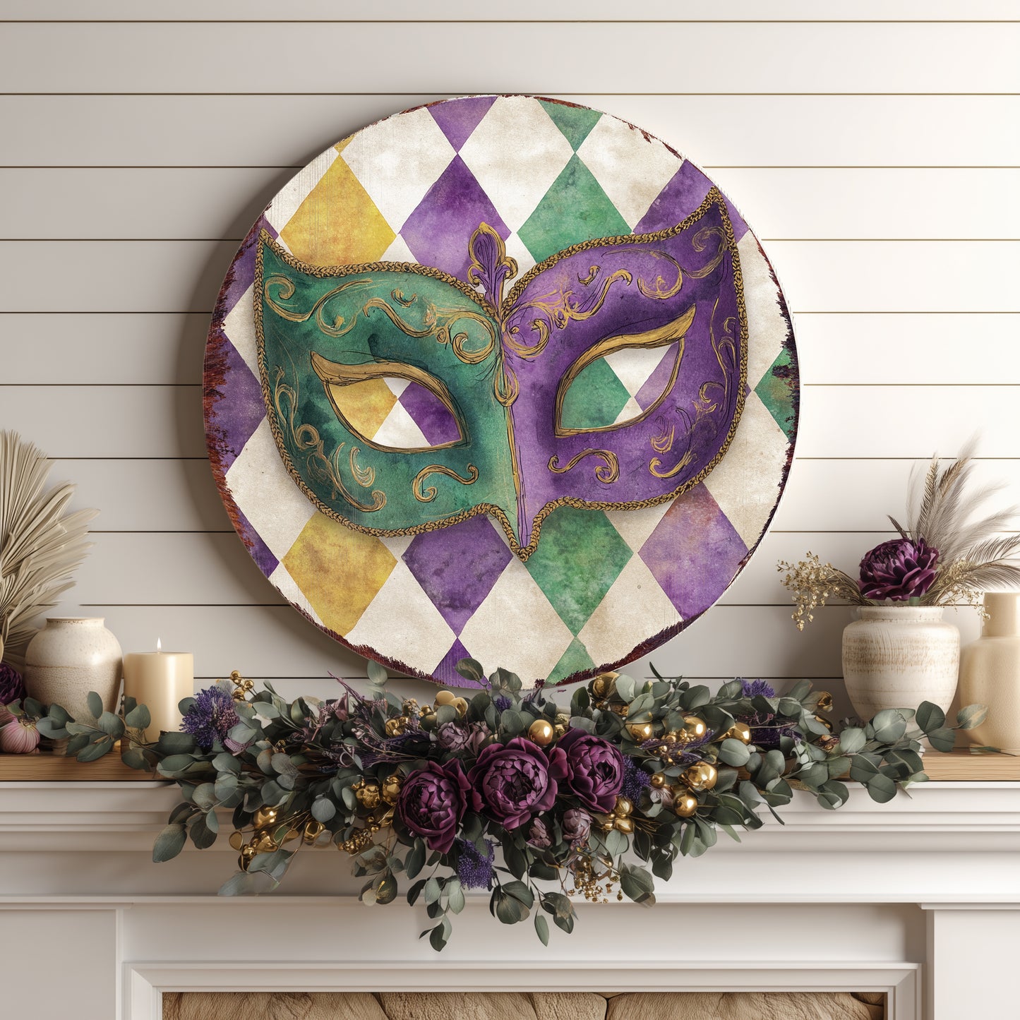 Mardi Gras Wall Sign - Festive Jester Mask & Fleur de Lis Art for Covered Porch Entryway