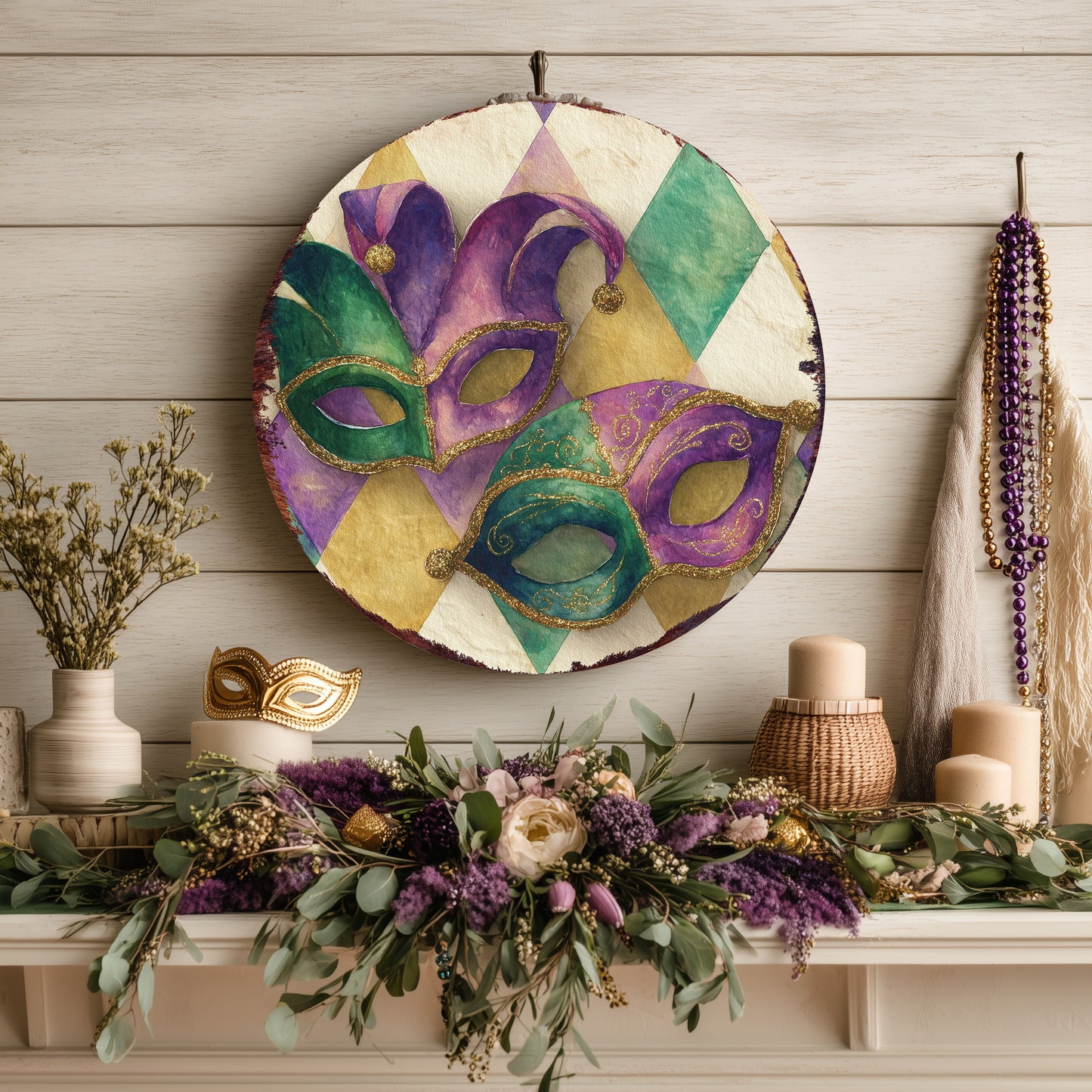 Festive Mardi Gras Wall Sign - Whimsical Jester Mask Fleur de Lis Art for Covered Porch & Entryway Decor