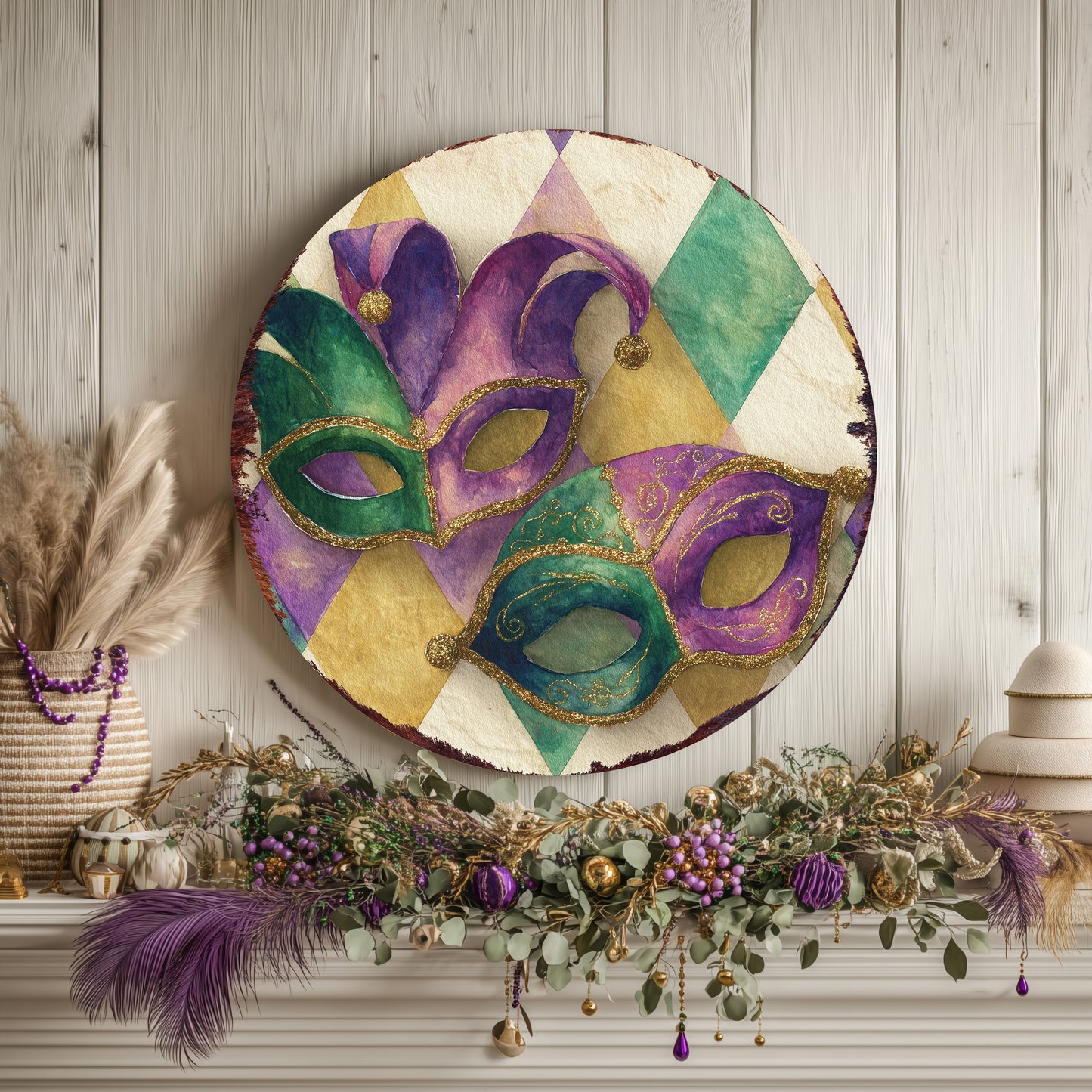 Festive Mardi Gras Wall Sign - Whimsical Jester Mask Fleur de Lis Art for Covered Porch & Entryway Decor