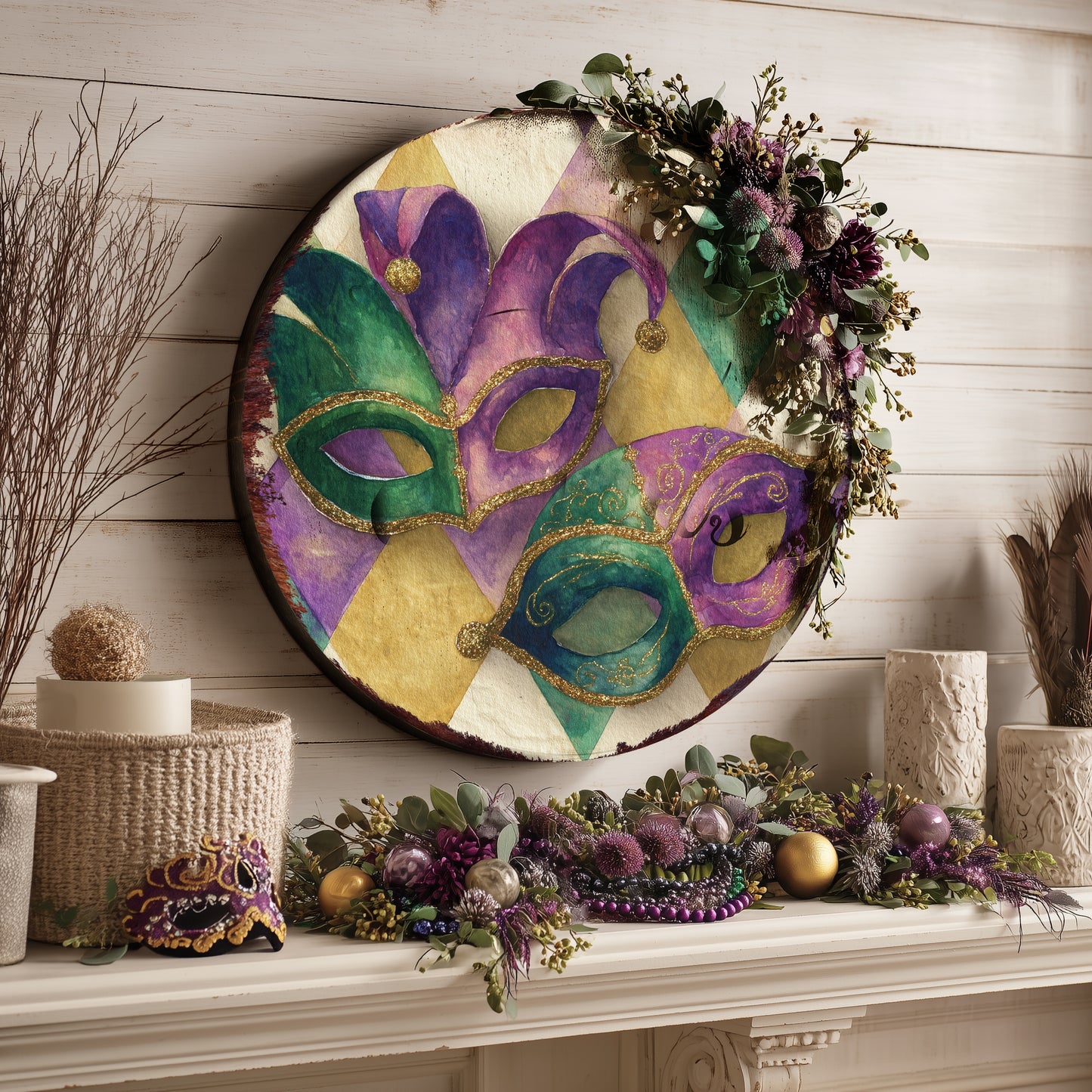 Festive Mardi Gras Wall Sign - Whimsical Jester Mask Fleur de Lis Art for Covered Porch & Entryway Decor