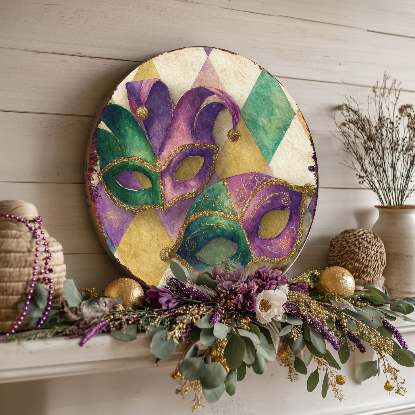 Festive Mardi Gras Wall Sign - Whimsical Jester Mask Fleur de Lis Art for Covered Porch & Entryway Decor