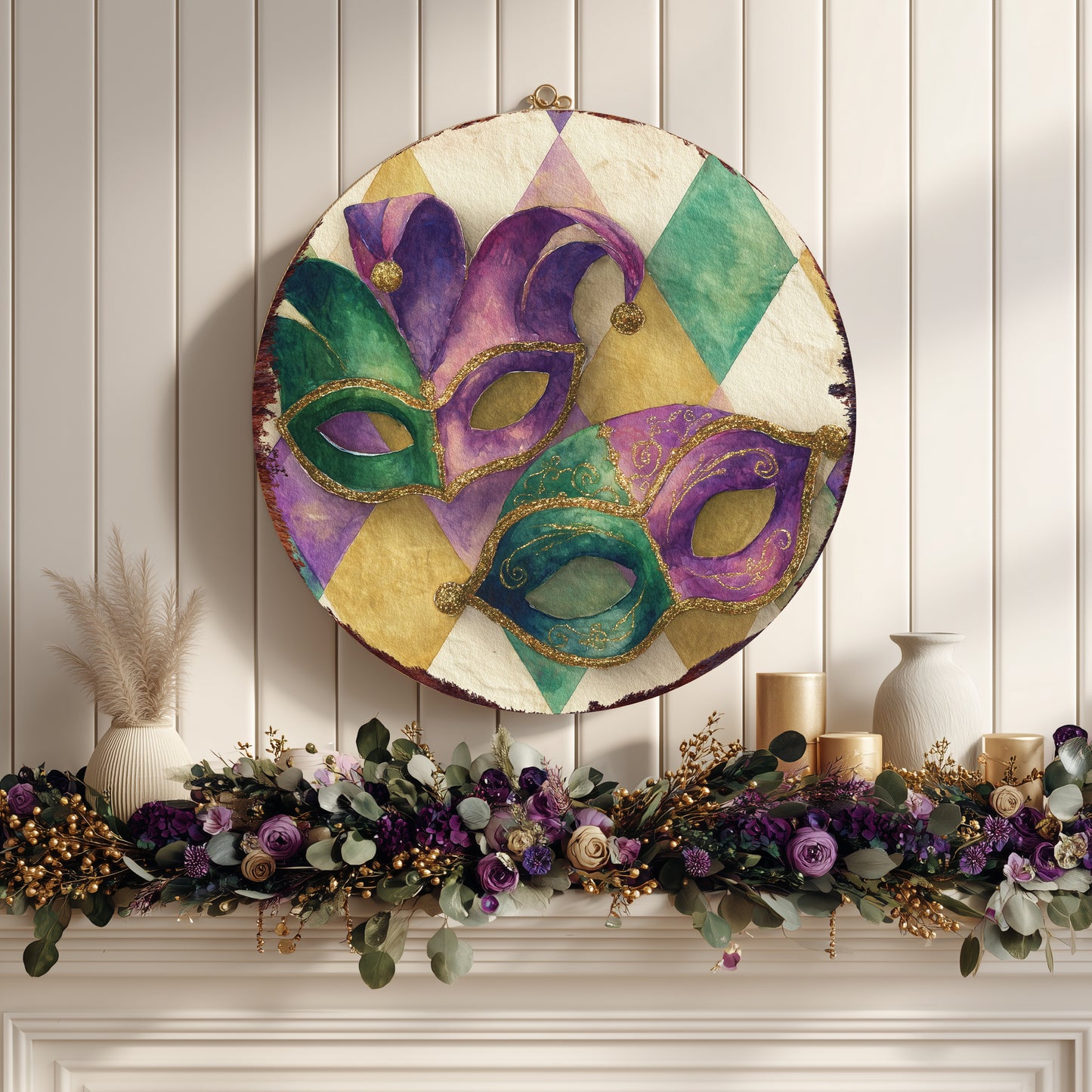Festive Mardi Gras Wall Sign - Whimsical Jester Mask Fleur de Lis Art for Covered Porch & Entryway Decor