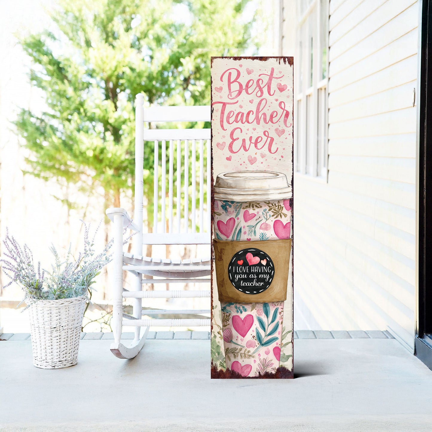 Thoughtful Teacher Valentine Gift Porch Sign - Elegant Floral 'Best Teacher Ever' Decor for Front Door