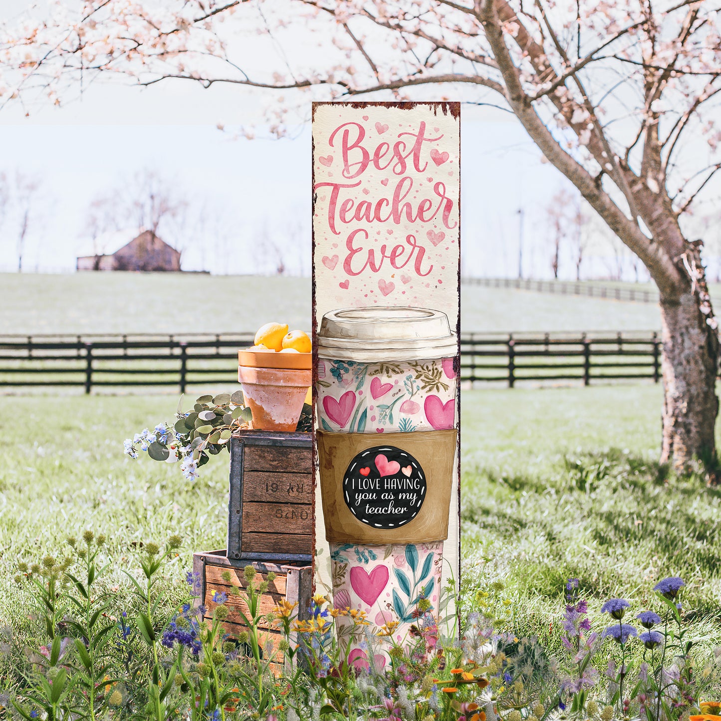 Thoughtful Teacher Valentine Gift Porch Sign - Elegant Floral 'Best Teacher Ever' Decor for Front Door