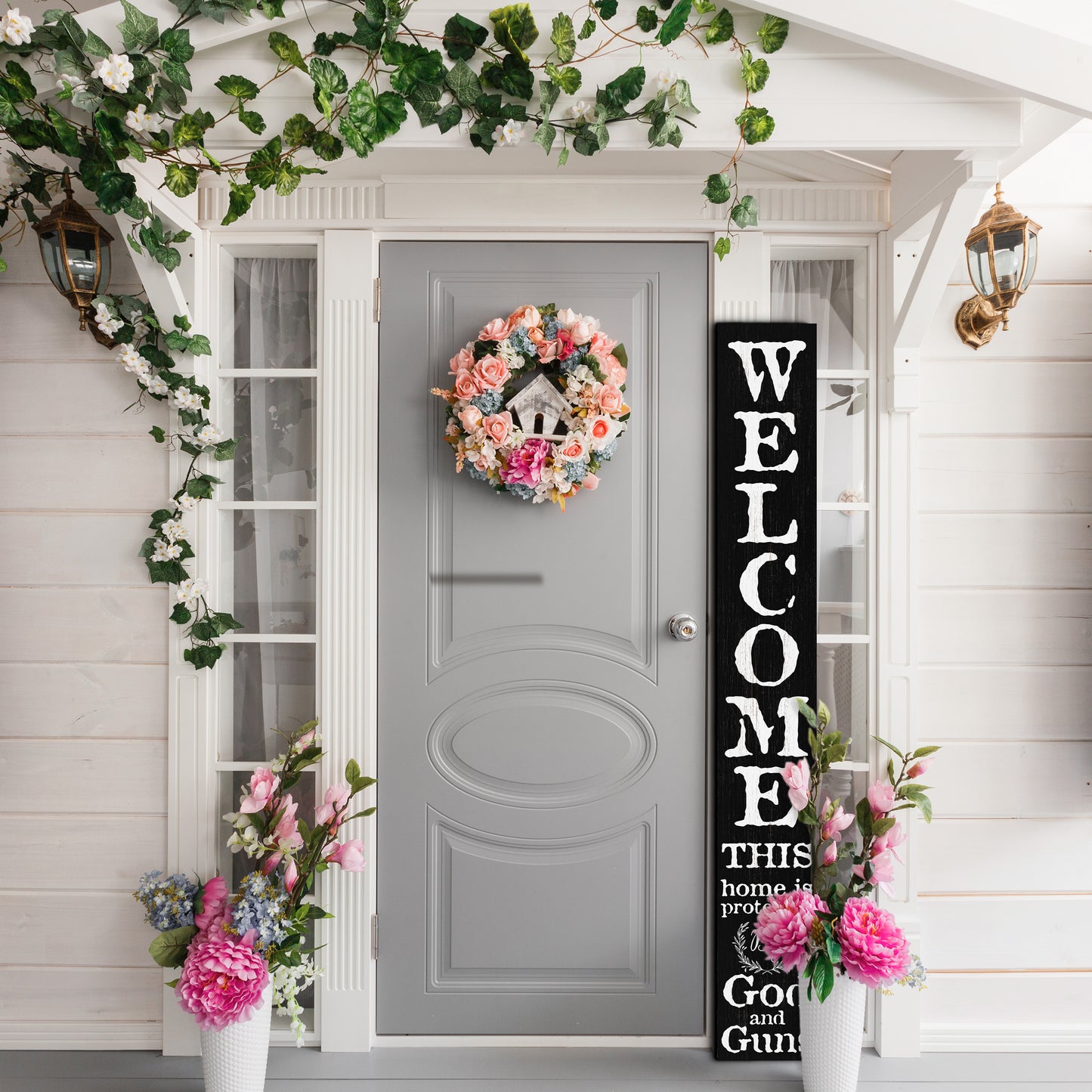 72in 'This Home is Protected by God and Guns' | Foldable Wooden Front Door & Porch Sign | Bold Home Security Statement | Black