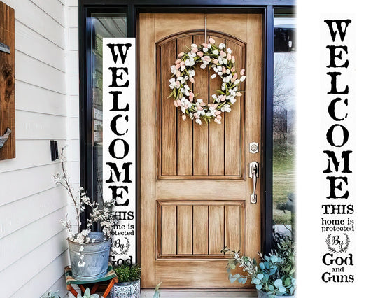 72in 'This Home is Protected by God and Guns' | Foldable Wooden Front Door & Porch Sign | Bold Home Security Statement | White