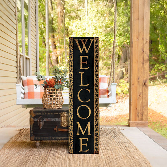 Welcome Porch Sign - Black with Gold Front, Vintage Autumn Decoration, Rustic Modern Farmhouse Entryway Decor