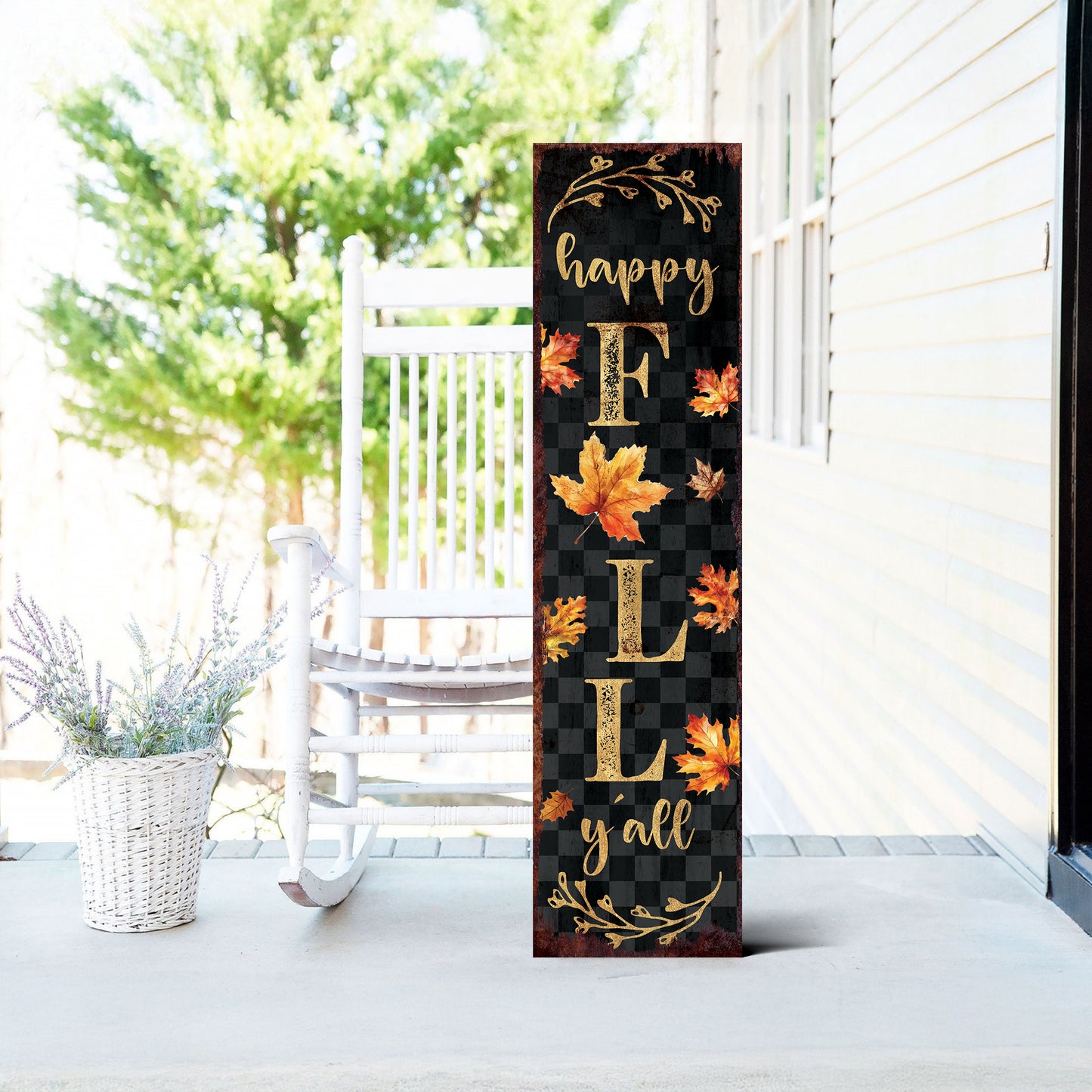 Happy Fall Y’all Porch Sign – Vertical Welcome Board with Buffalo Plaid – Autumn Front Porch & Farmhouse Entryway Decoration