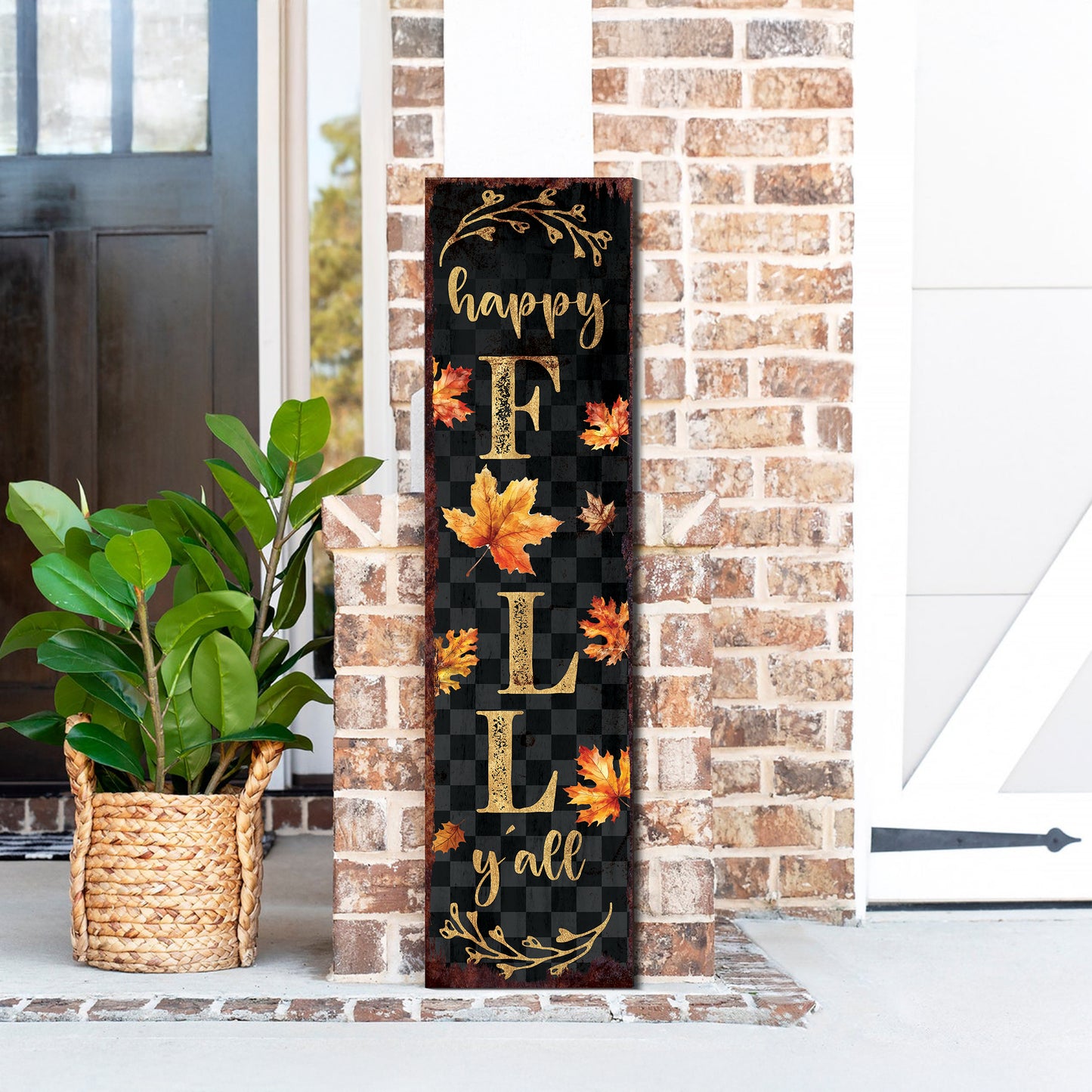 Happy Fall Y’all Porch Sign – Vertical Welcome Board with Buffalo Plaid – Autumn Front Porch & Farmhouse Entryway Decoration