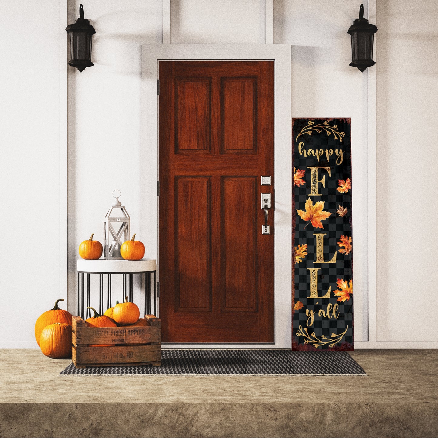 Happy Fall Y’all Porch Sign – Vertical Welcome Board with Buffalo Plaid – Autumn Front Porch & Farmhouse Entryway Decoration