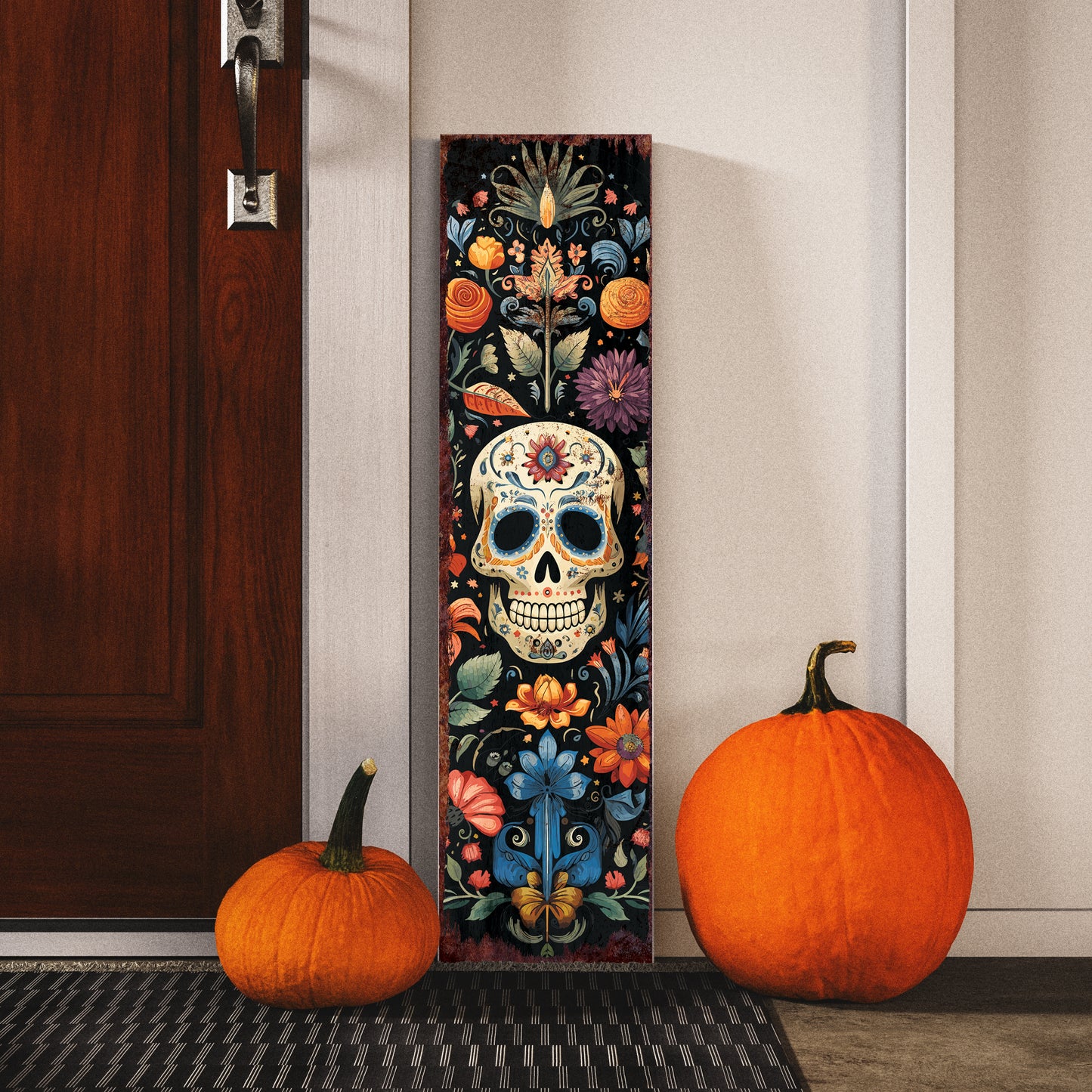 36in Dia De Los Muertos Sugar Skull Porch Sign - Front Porch Day of the Dead Sign, Rustic Modern Farmhouse Entryway Decor