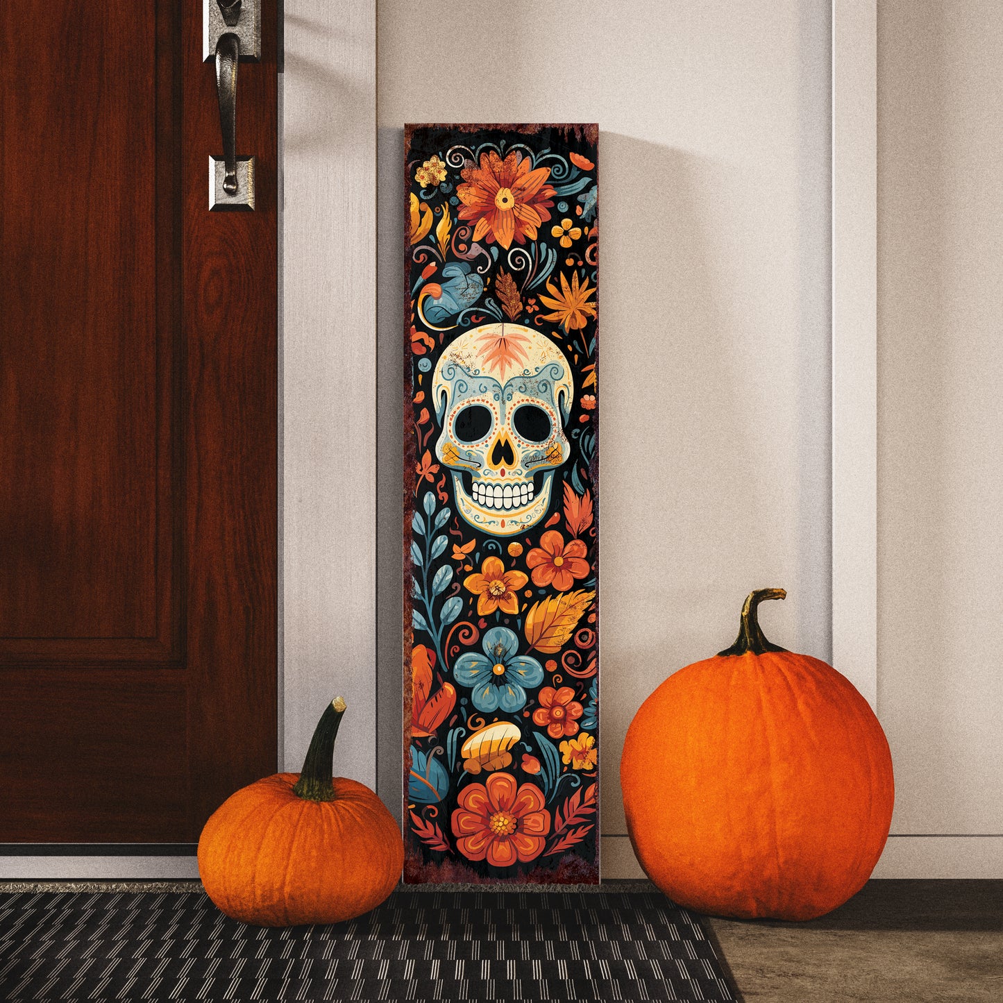 36in Dia De Los Muertos Sugar Skull Porch Sign - Front Porch Day of the Dead Sign, Rustic Modern Farmhouse Entryway Decor