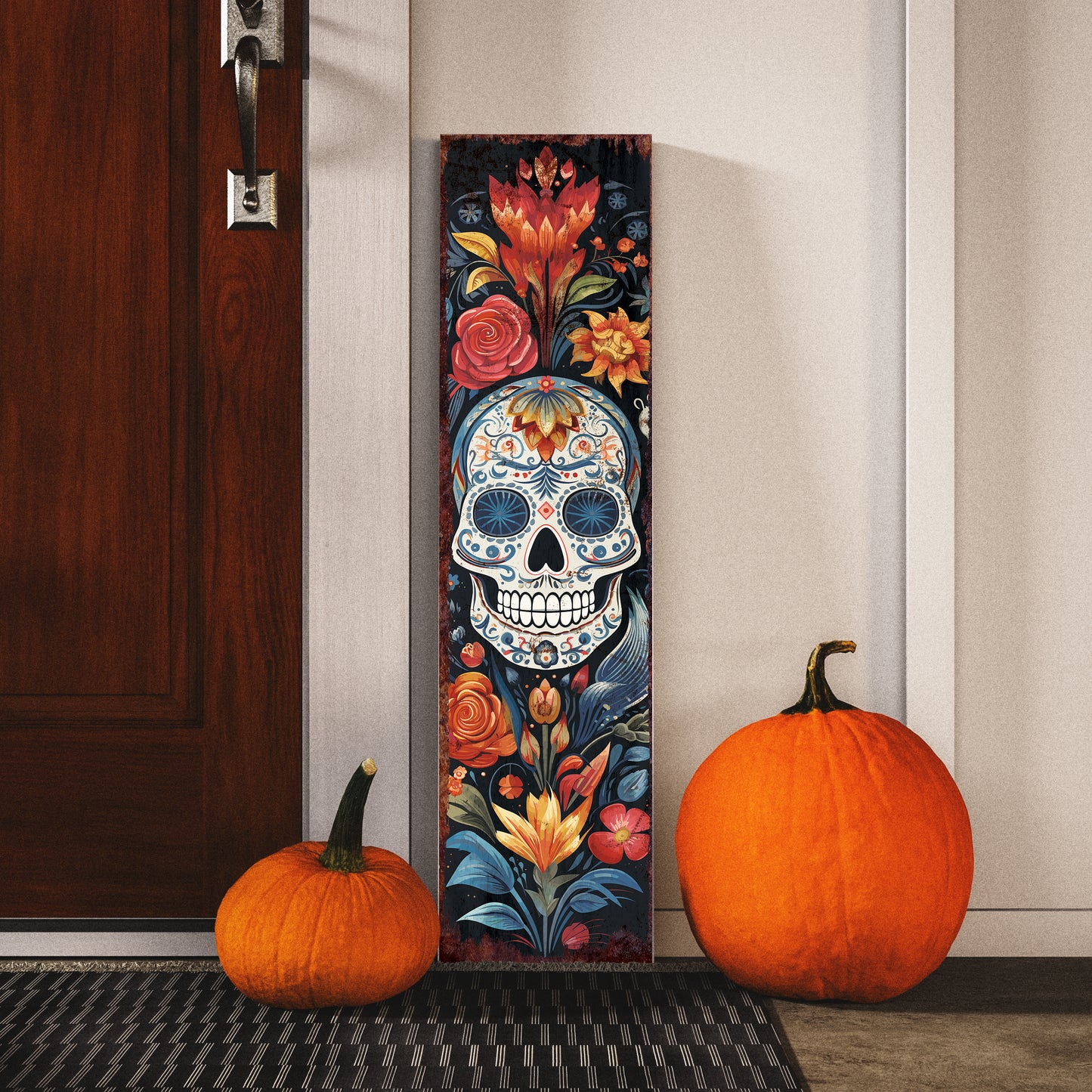 36in Dia De Los Muertos Sugar Skull Porch Sign - Front Porch Day of the Dead Sign, Rustic Modern Farmhouse Entryway Decor