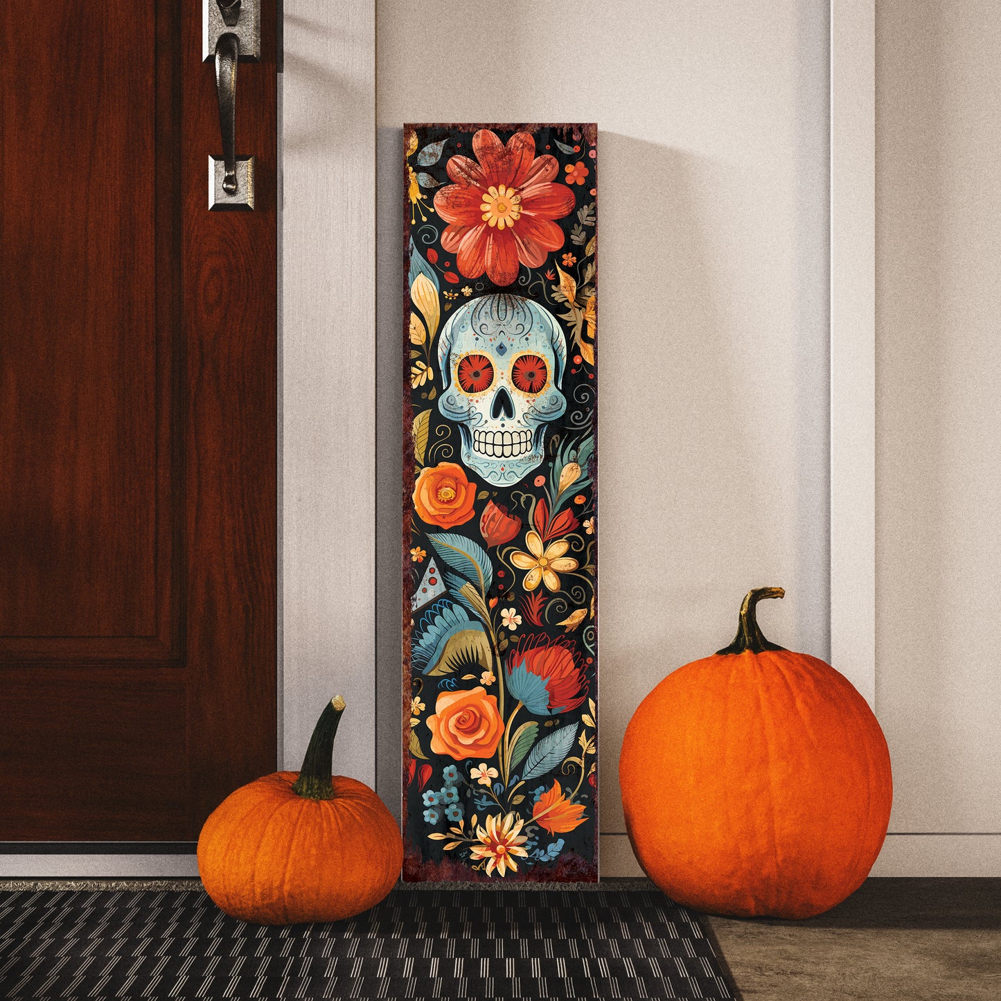 36 inches Dia De Los Muertos Sugar Skull Porch Sign - Front Porch Day of the Dead Welcome Sign, Rustic Modern Farmhouse Entryway Decor