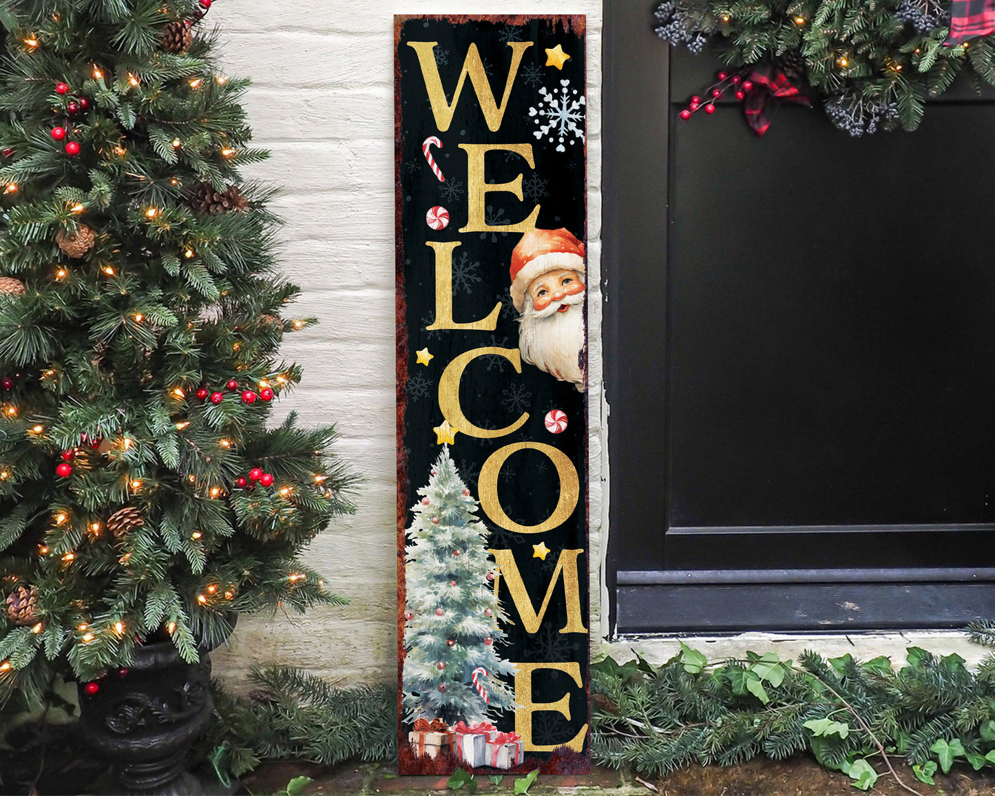 36in Welcome Christmas Porch Sign - Front Porch Santa Christmas Welcome Sign, Rustic Modern Farmhouse Entryway Board