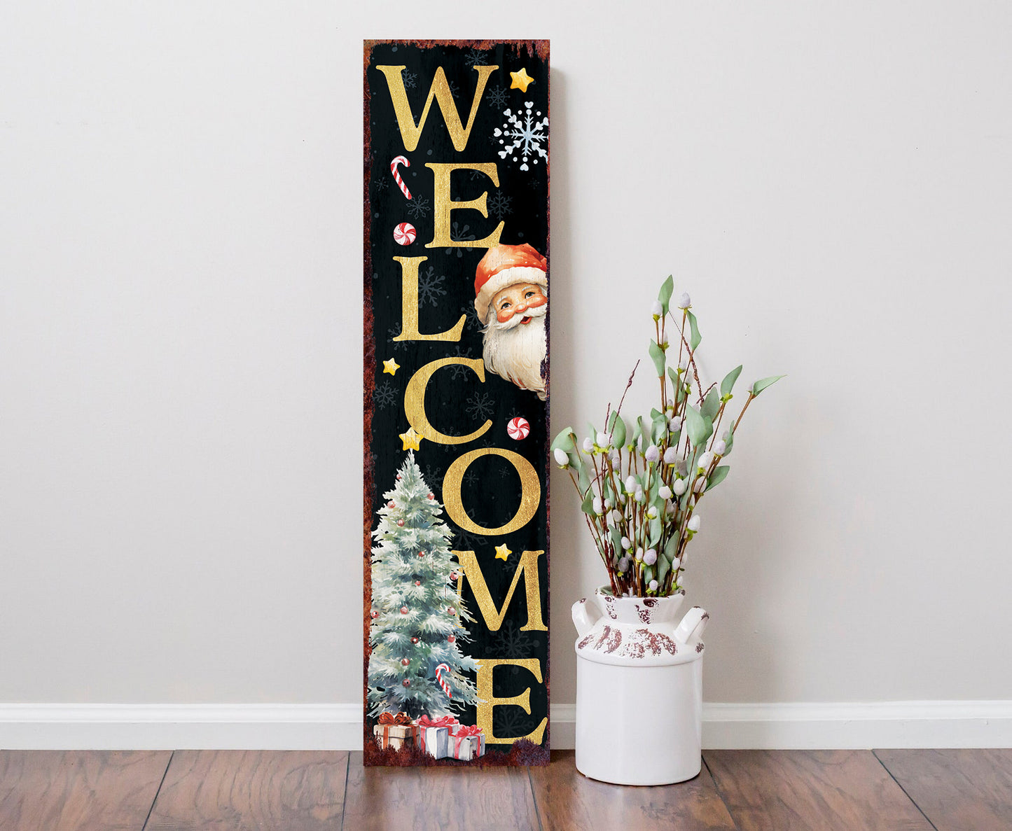 36in Welcome Christmas Porch Sign - Front Porch Santa Christmas Welcome Sign, Rustic Modern Farmhouse Entryway Board