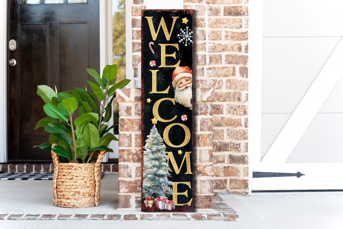 36in Welcome Christmas Porch Sign - Front Porch Santa Christmas Welcome Sign, Rustic Modern Farmhouse Entryway Board