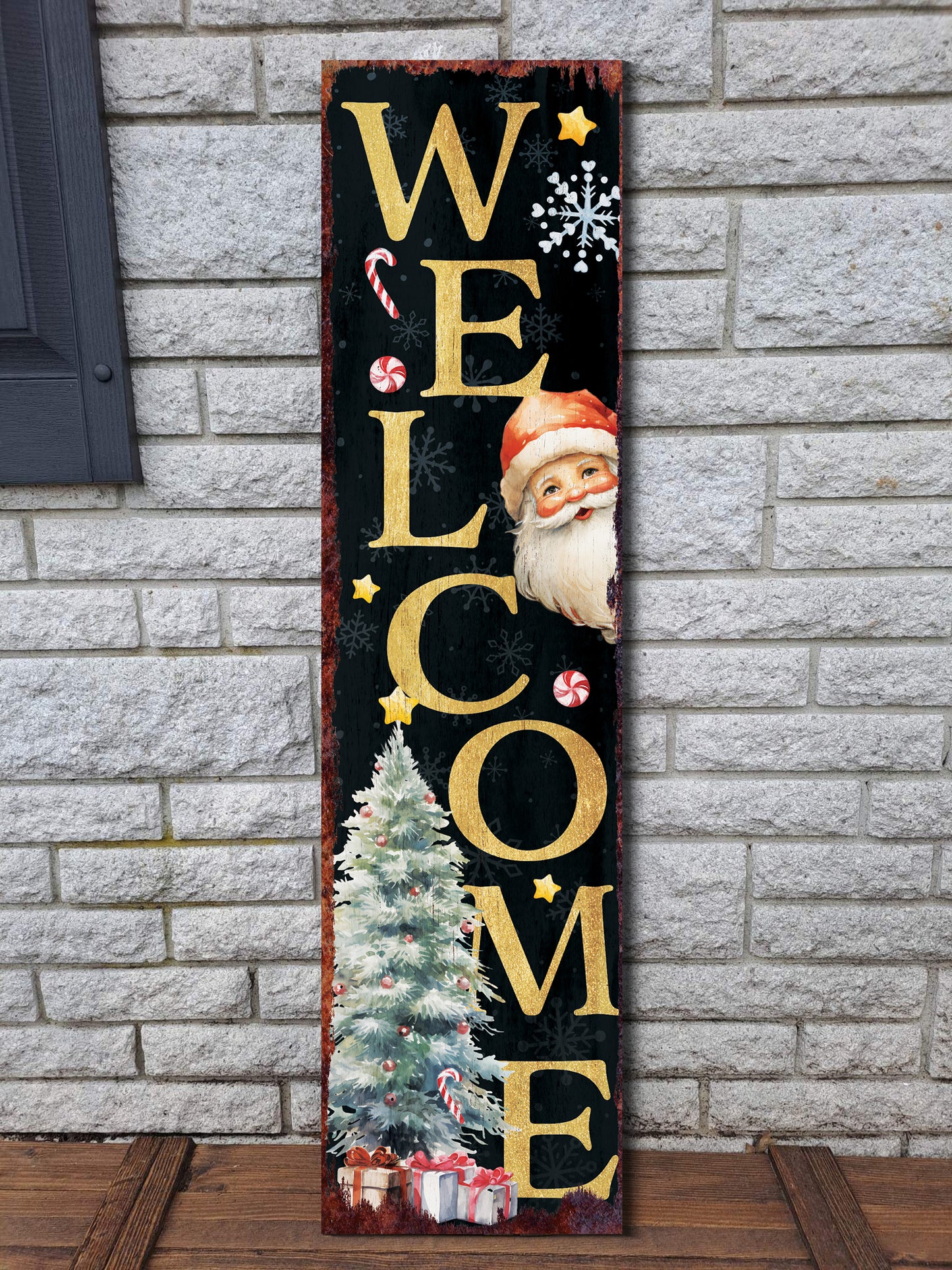 36in Welcome Christmas Porch Sign - Front Porch Santa Christmas Welcome Sign, Rustic Modern Farmhouse Entryway Board