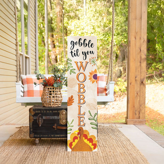 Fall Porch Sign – “Gobble Til You Wobble” Thanksgiving Front Porch Sign with Turkey Design | Rustic Autumn Farmhouse Outdoor & Indoor Decoration