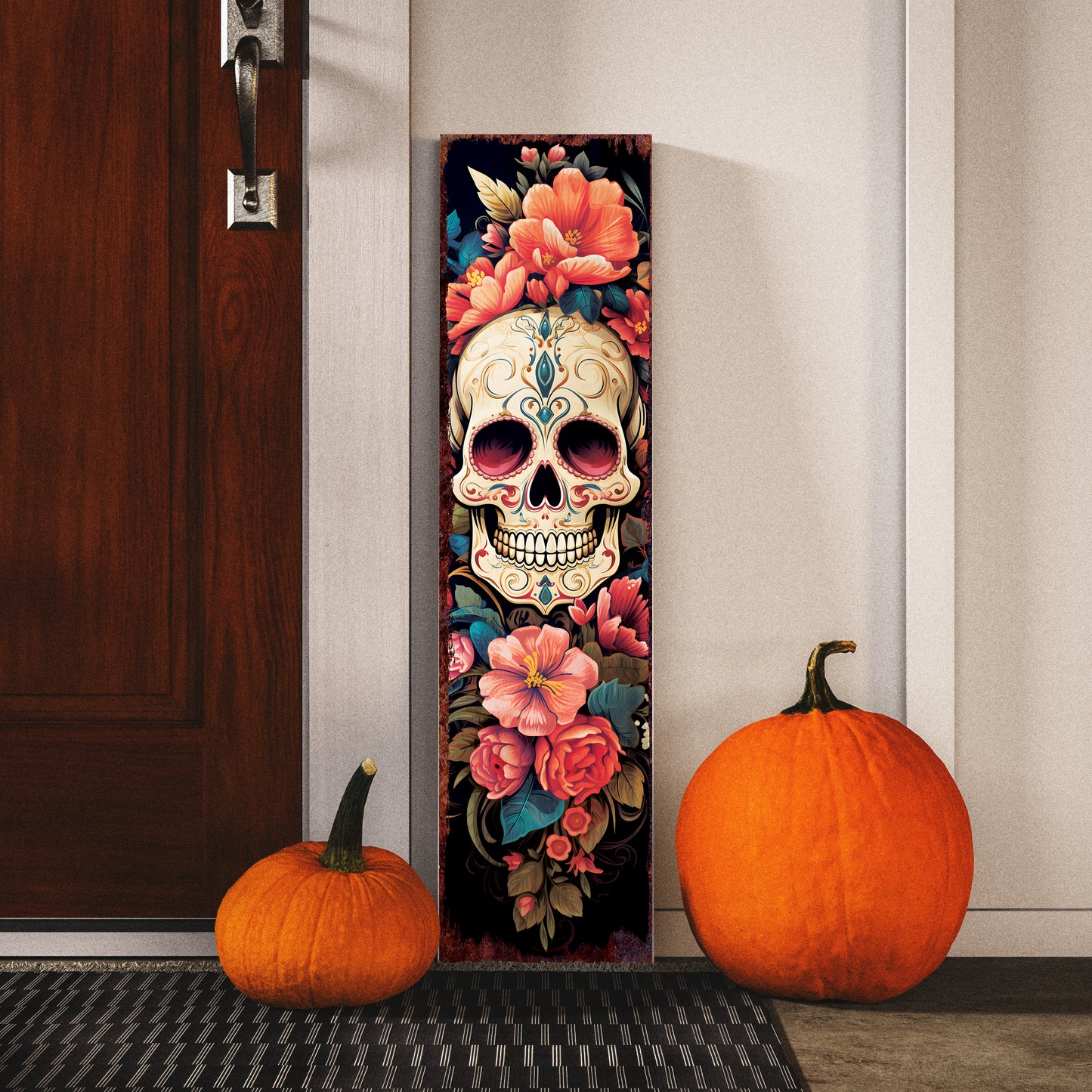 36in Dia De Los Muertos Sugar Skull Porch Sign - Front Porch Day of the Dead Sign, Rustic Modern Farmhouse Entryway Decor