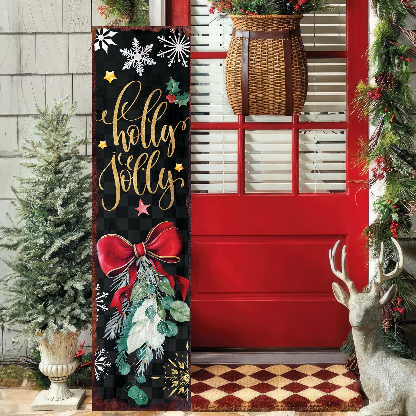 Christmas Holly Jolly Porch Sign | Festive Outdoor Entryway Welcome Decor