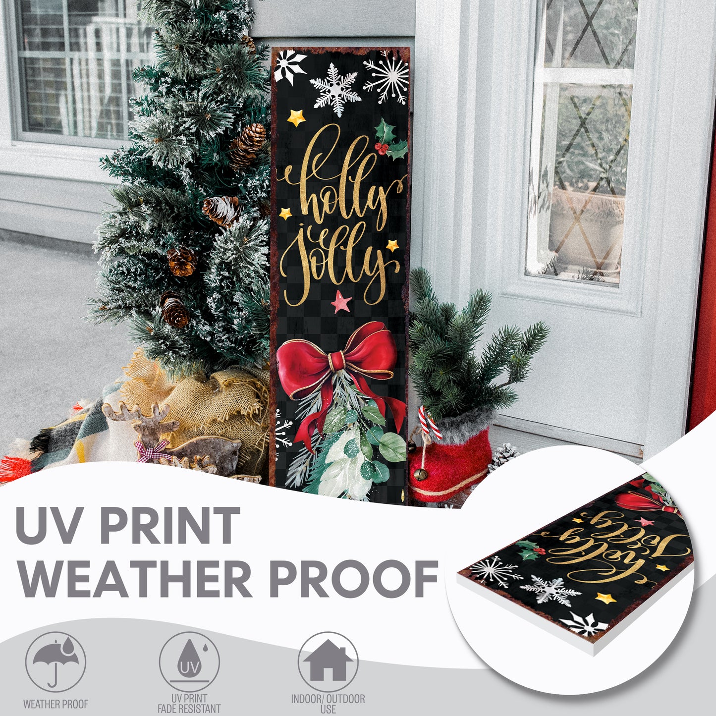 Christmas Holly Jolly Porch Sign | Festive Outdoor Entryway Welcome Decor