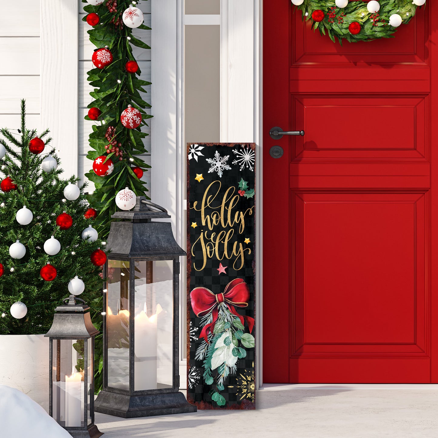 Christmas Holly Jolly Porch Sign | Festive Outdoor Entryway Welcome Decor