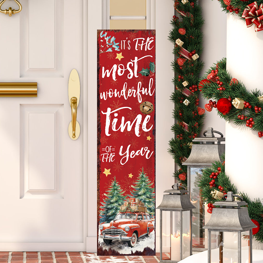 Vintage Red Truck Christmas Porch Sign | Festive Farmhouse Welcome Decor