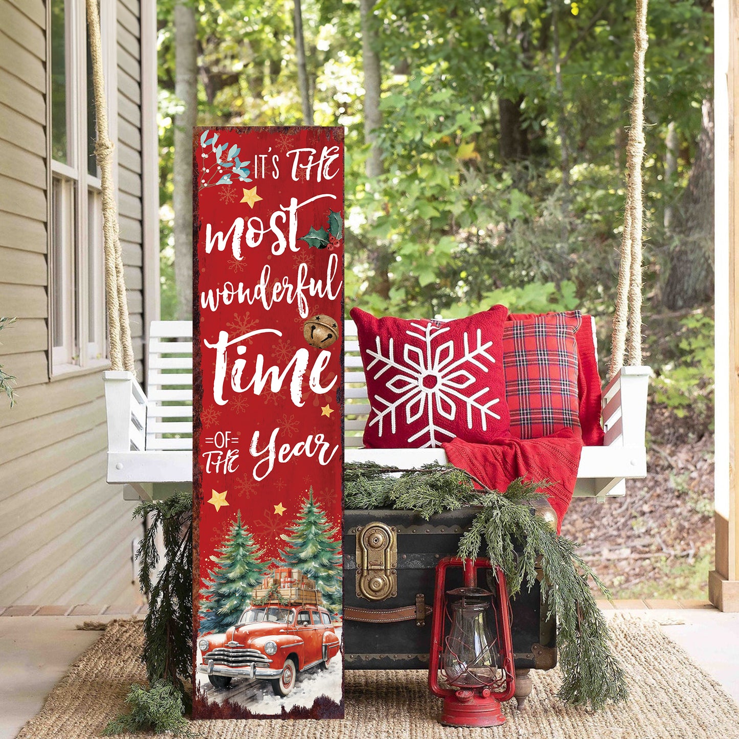 Vintage Red Truck Christmas Porch Sign | Festive Farmhouse Welcome Decor