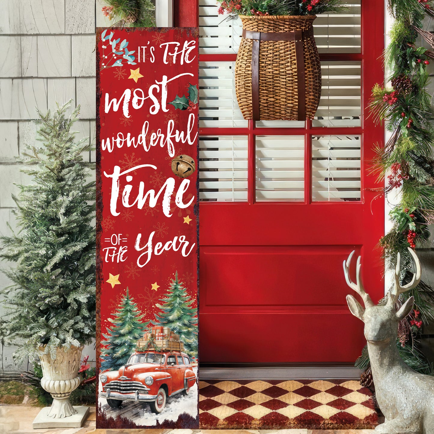 Vintage Red Truck Christmas Porch Sign | Festive Farmhouse Welcome Decor