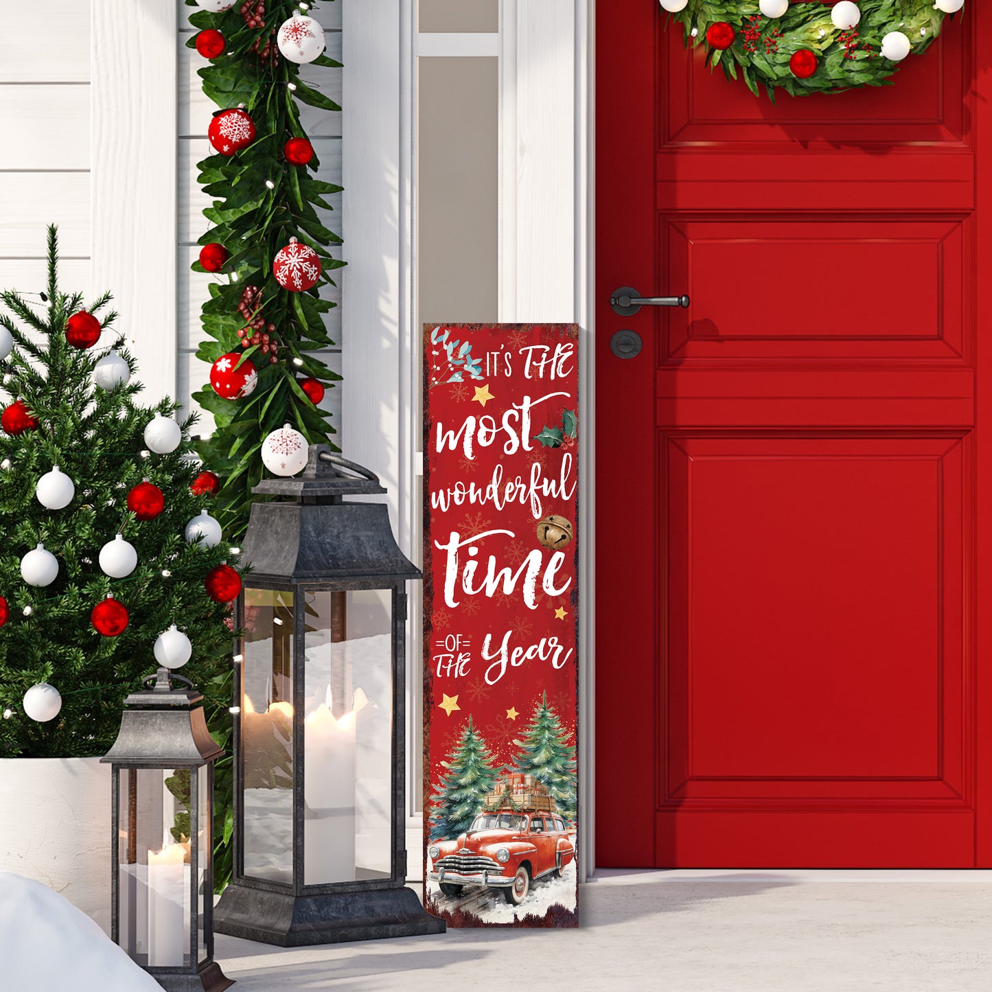 Vintage Red Truck Christmas Porch Sign | Festive Farmhouse Welcome Decor