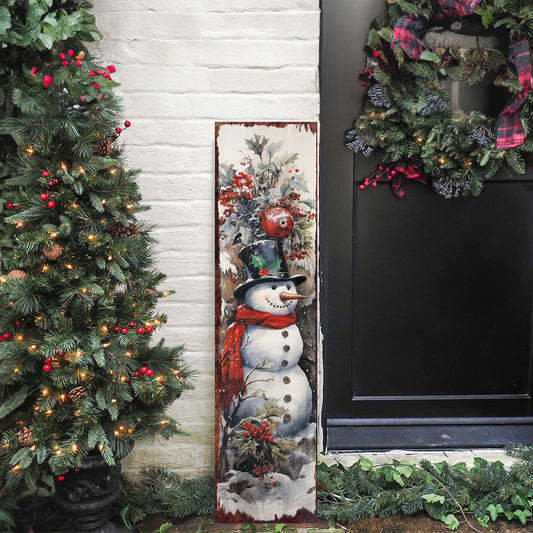 Christmas Snowman Welcome Porch Sign - Vintage Farmhouse Holiday Decor
