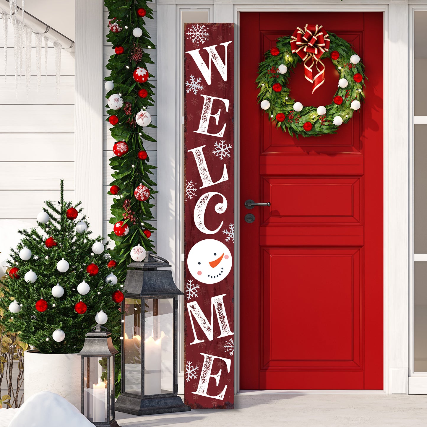 72in Snowman Welcome Sign for Front Door - Red Vertical Wooden Christmas Porch Decor, Modern Farmhouse Welcome Sign for Front Porch