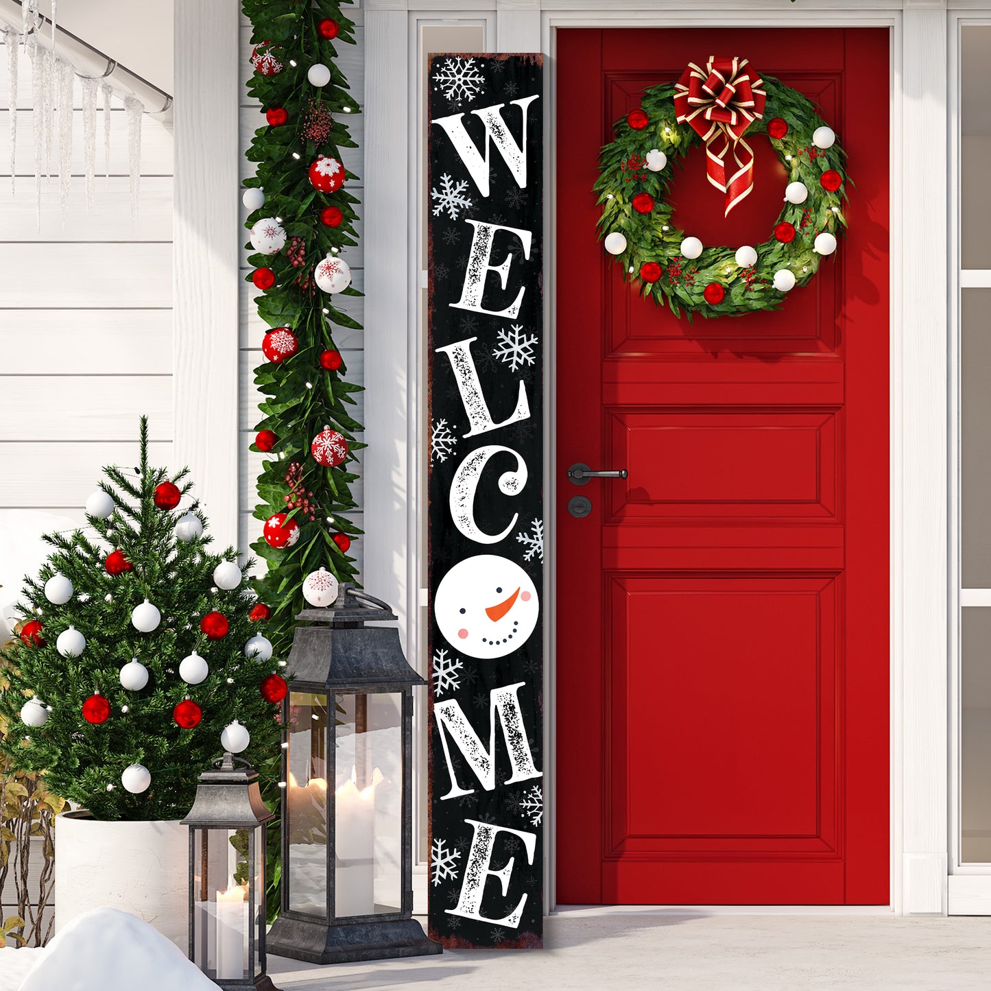 72in Snowman Welcome Sign for Front Door - Black Vertical Wooden Christmas Porch Decor, Modern Farmhouse Welcome Sign for Front Porch