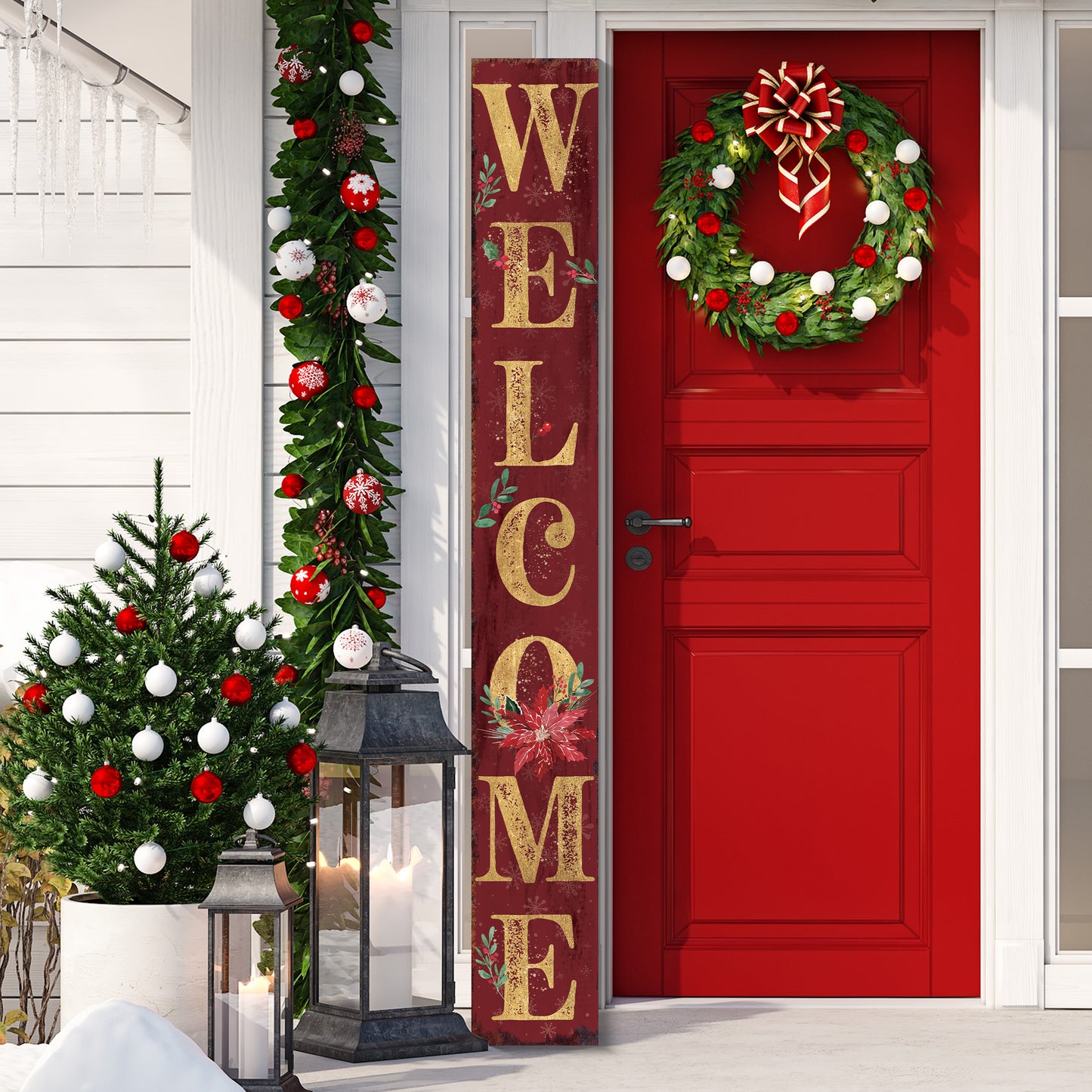 72in Welcome Christmas Porch Sign - Front Porch Christmas Decor Red Welcome Sign, Outdoor Decoration Rustic Modern Farmhouse Entryway Board